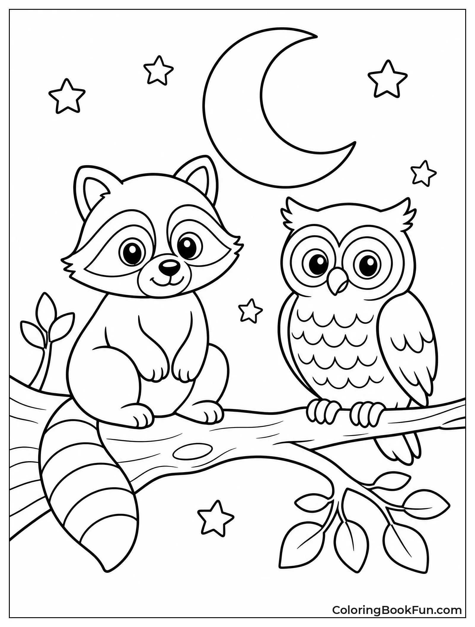 Raccoon and Owl Under Moon