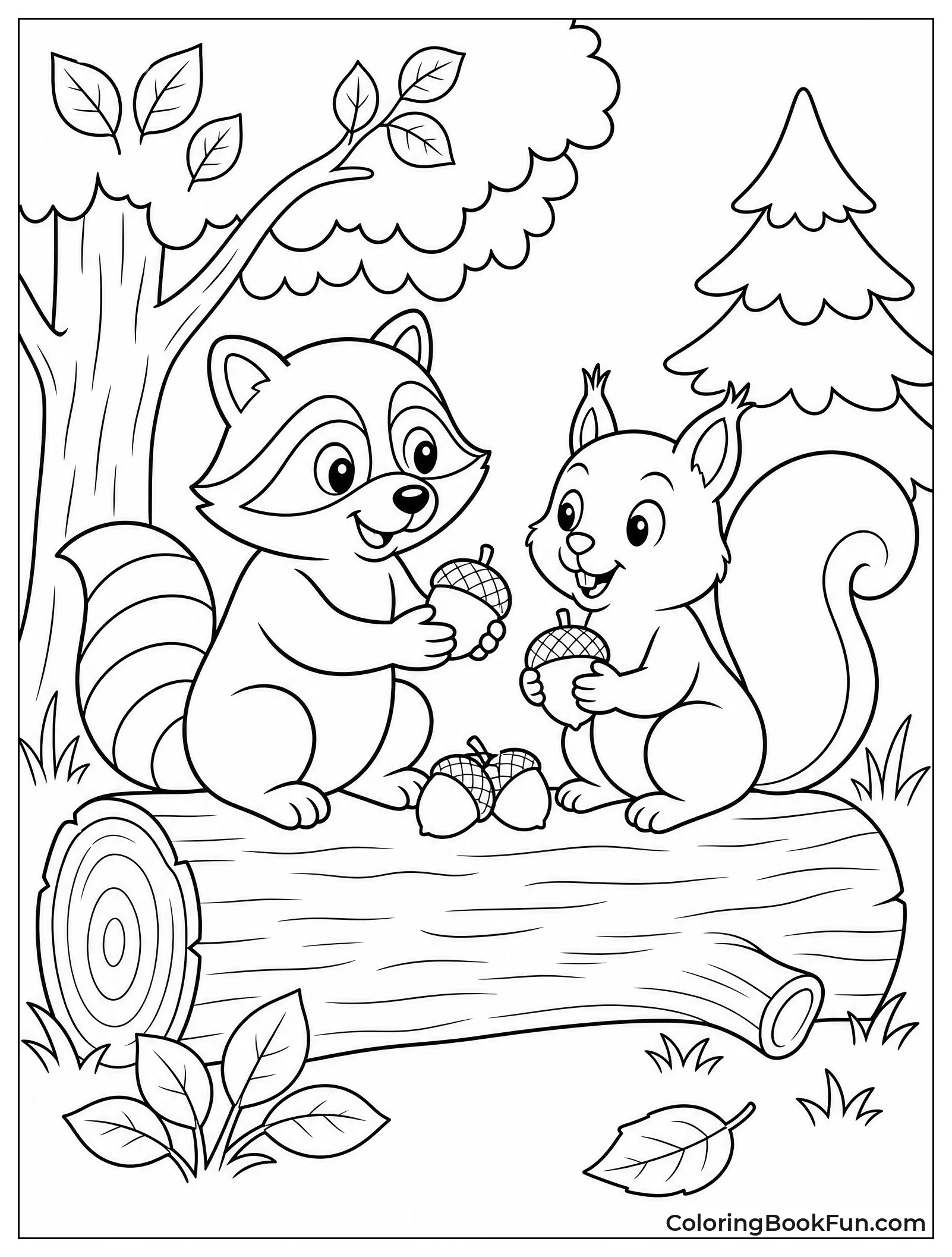 Raccoon and Squirrel Sharing Acorns