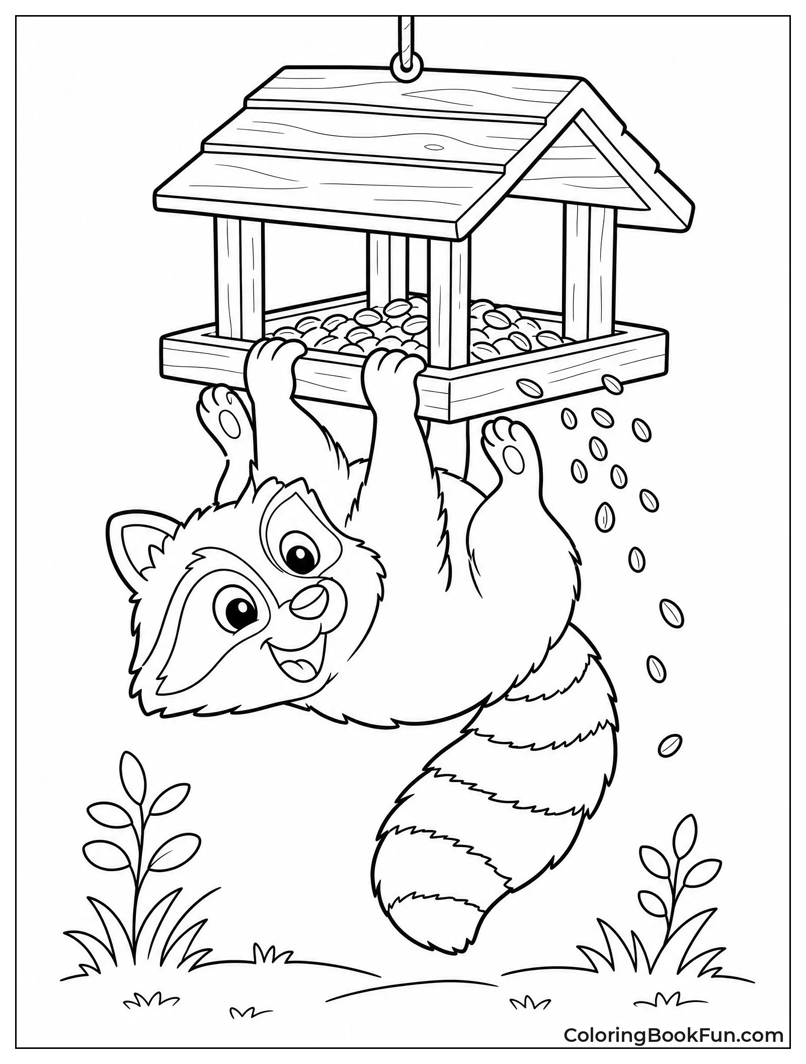 Raccoon Hanging from Birdfeeder