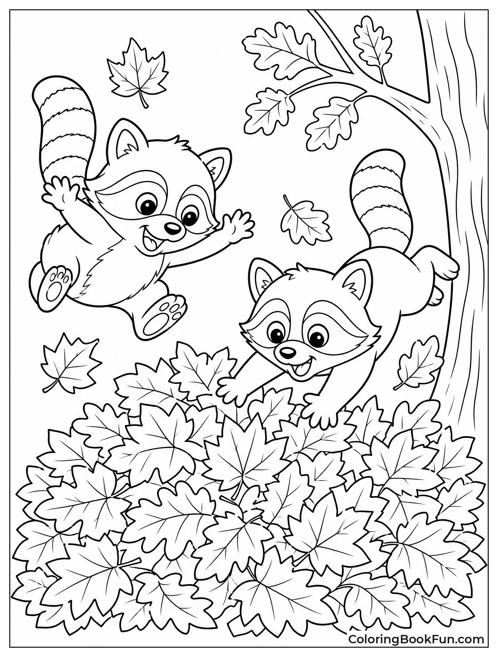 Raccoons Playing in Leaf Pile