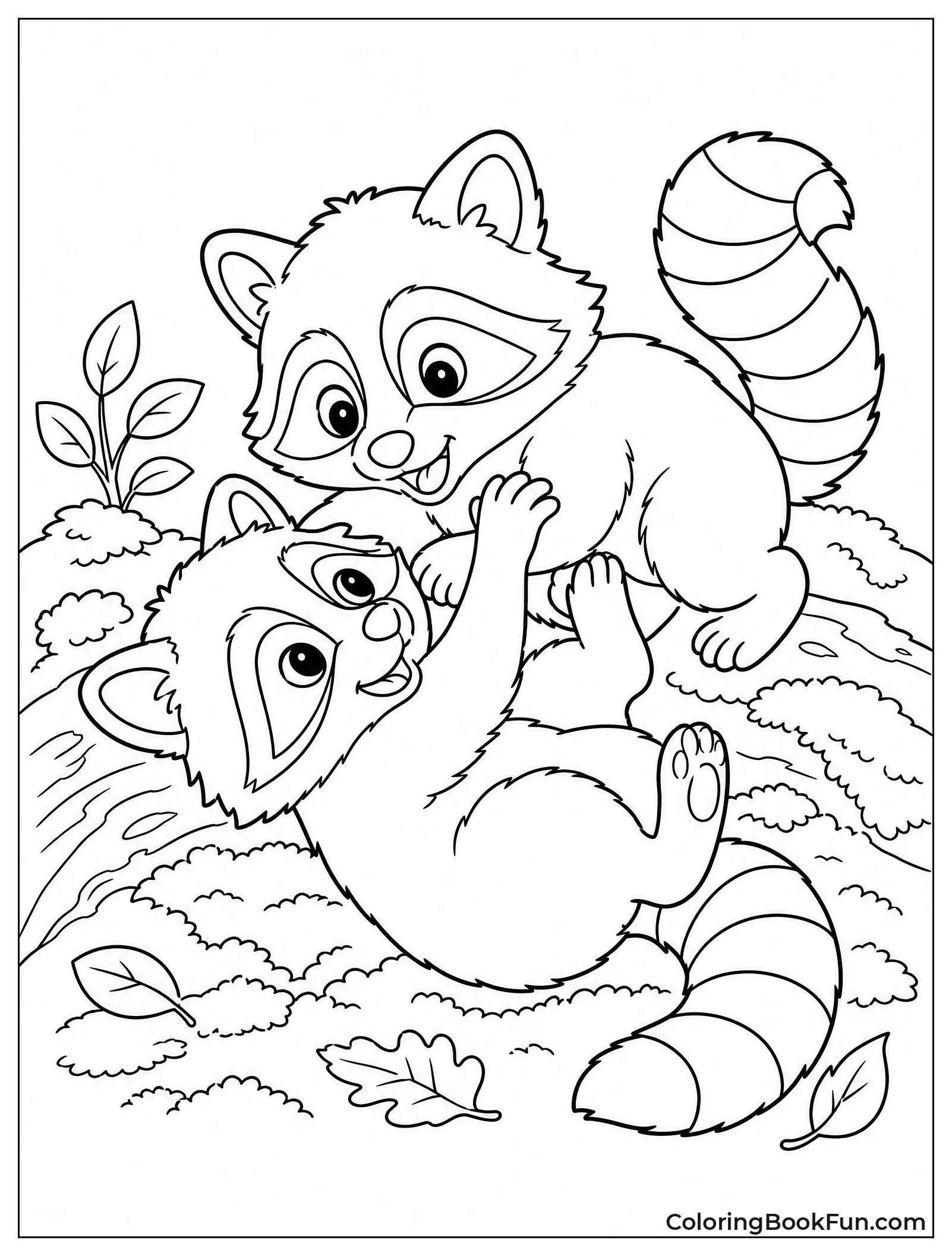 Raccoons Wrestling on Forest Floor