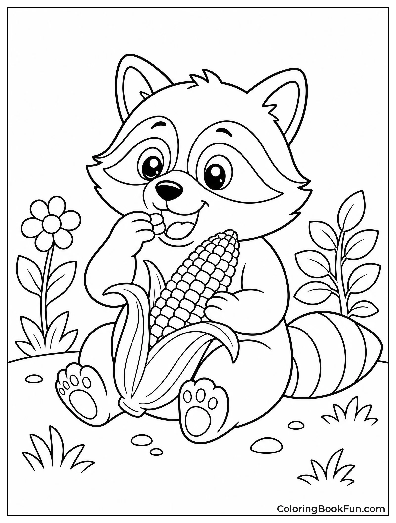 Raccoon Eating Corn in Garden