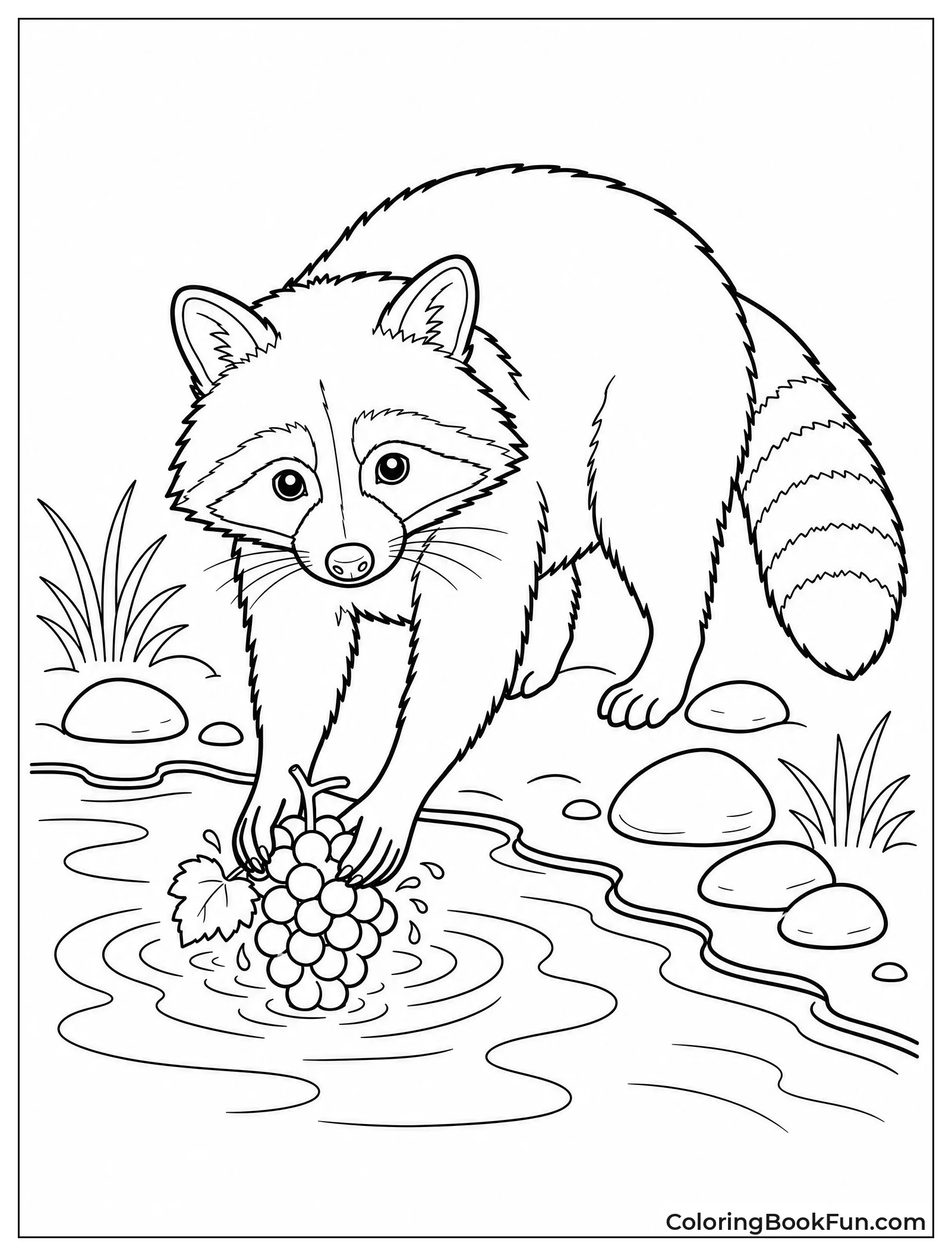 Raccoon Washing Grapes in Stream
