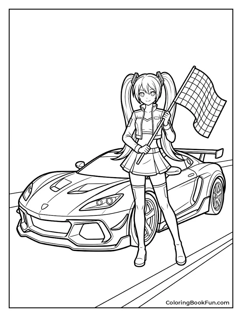Miku Stands by Race Car