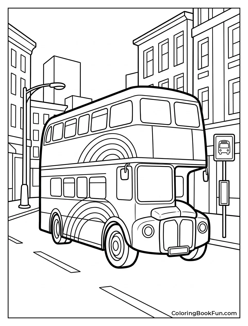 Rainbow Bus Driving Through City