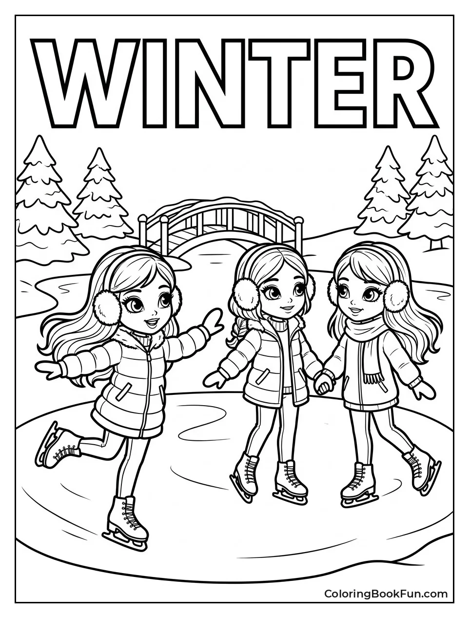 Girls Ice Skating in Winter