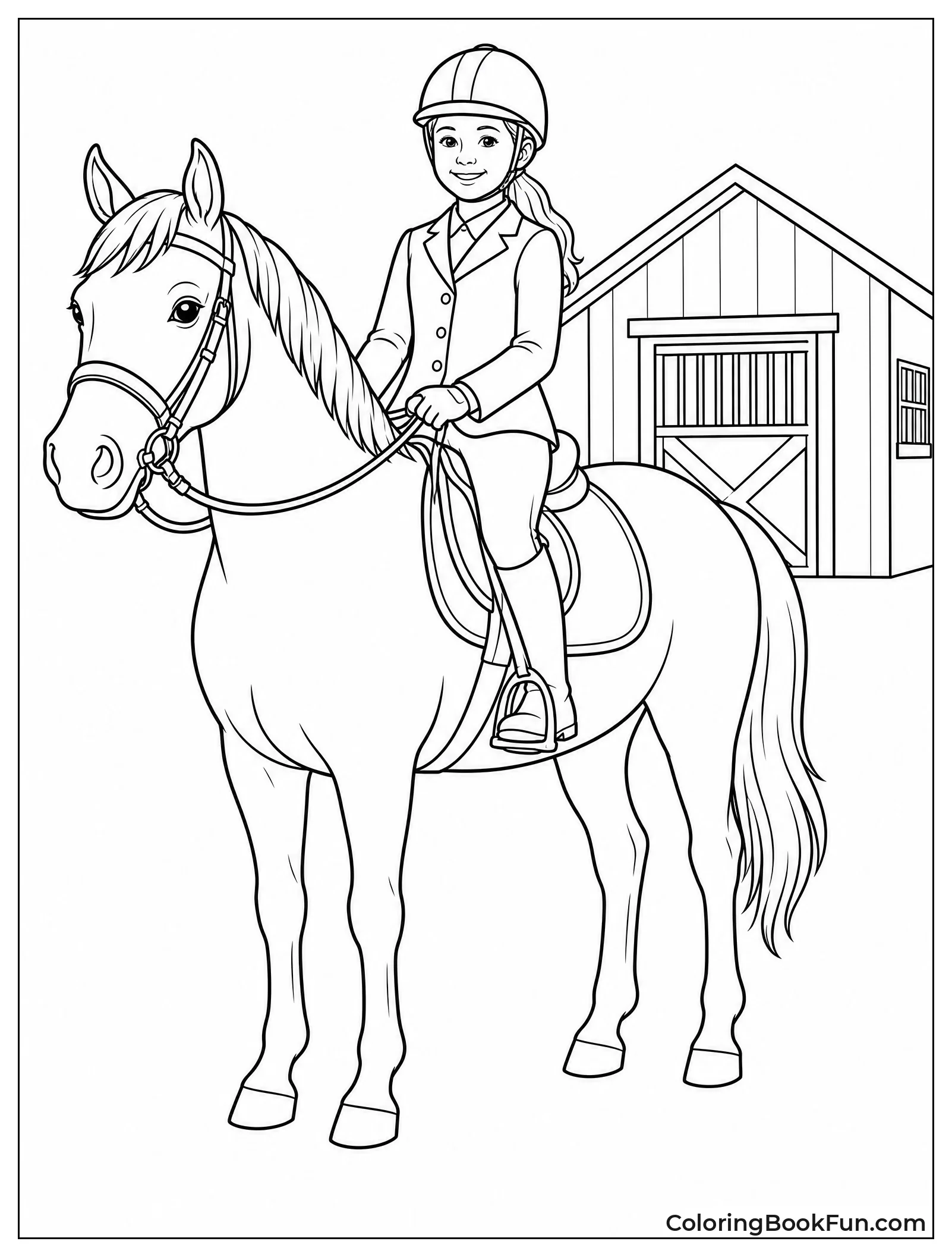 Girl Riding Horse in Stable