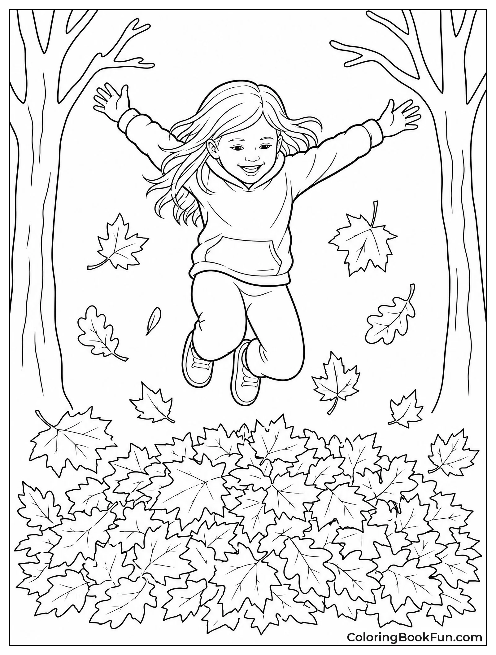 Girl Jumping into Autumn Leaves