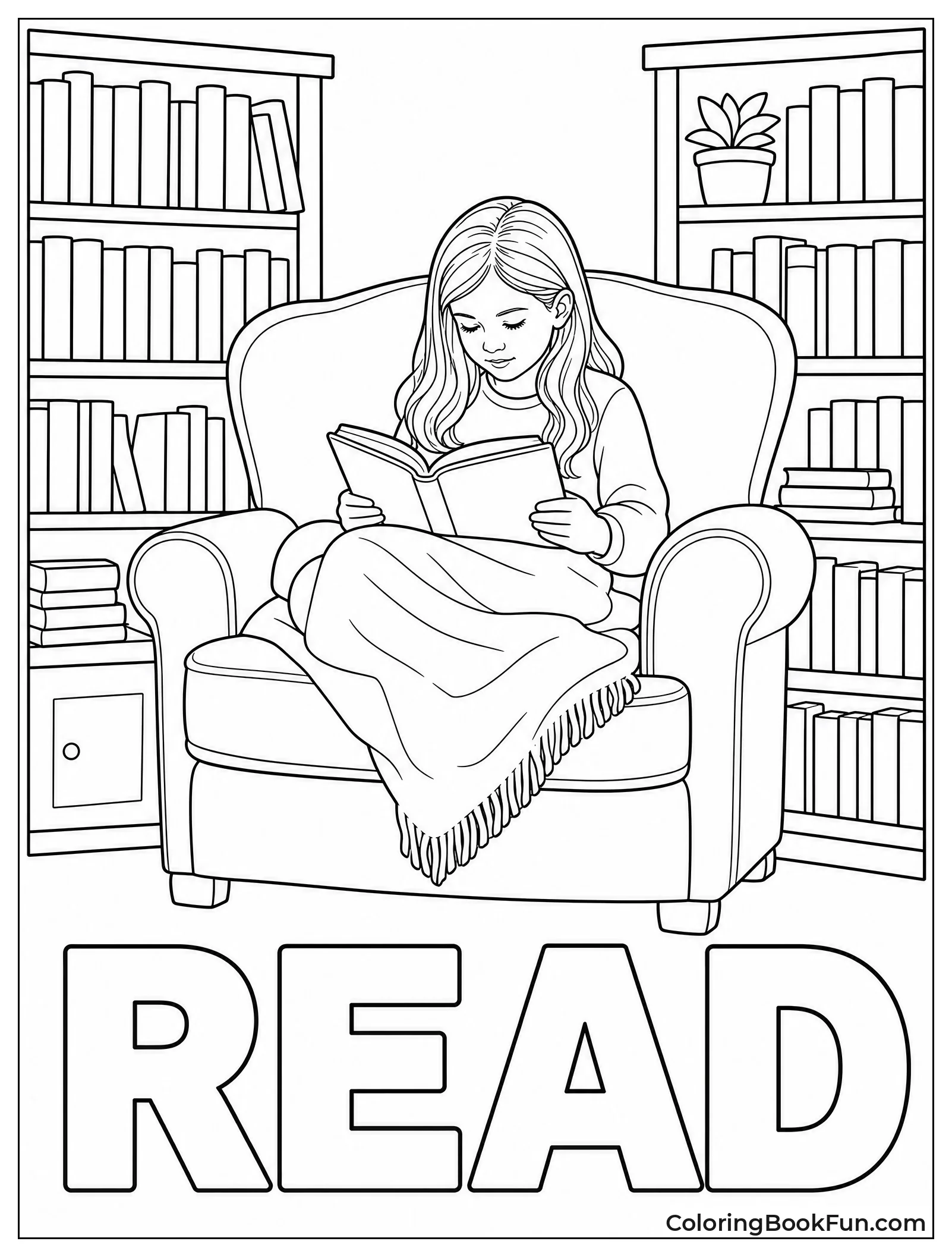 Girl Reading Book in Library