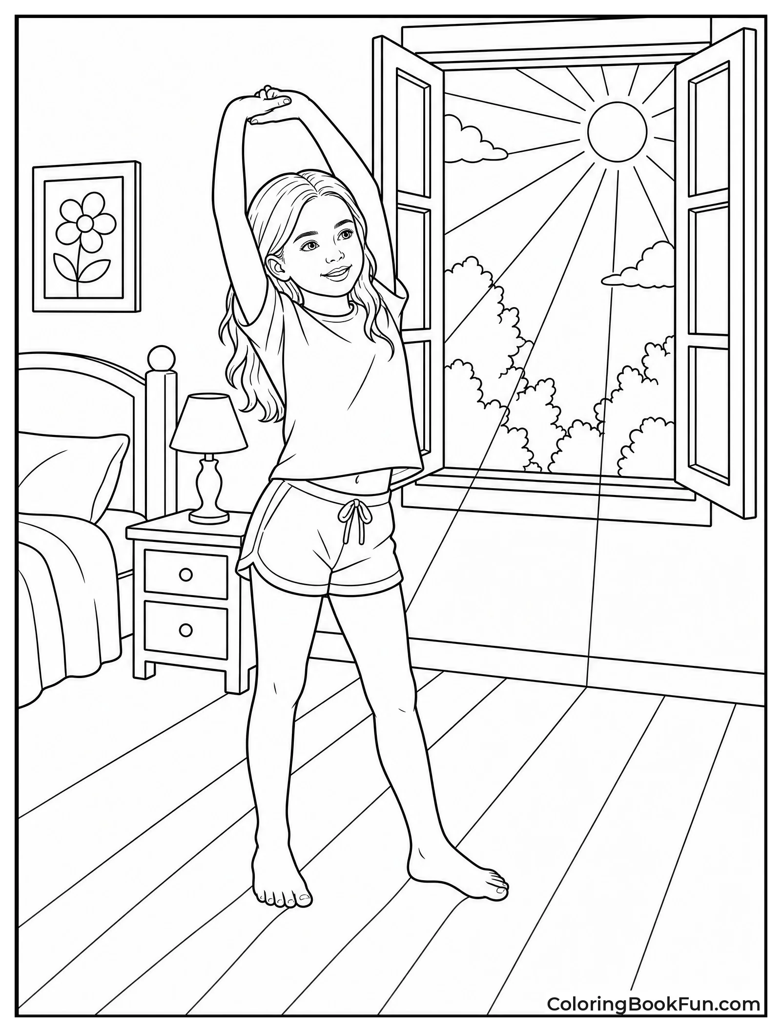 Girl Stretching Near Open Window