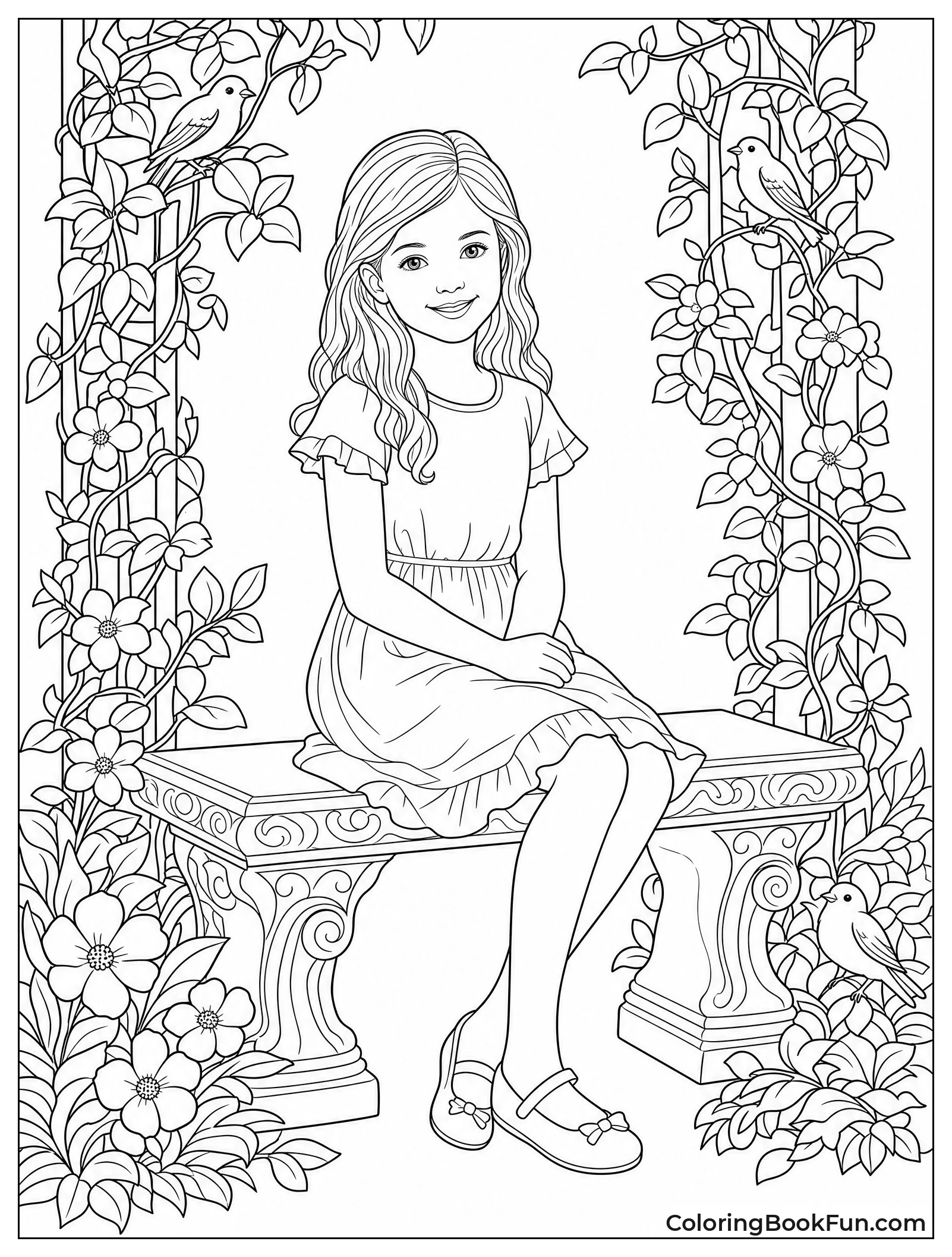Girl Sitting in Lush Garden