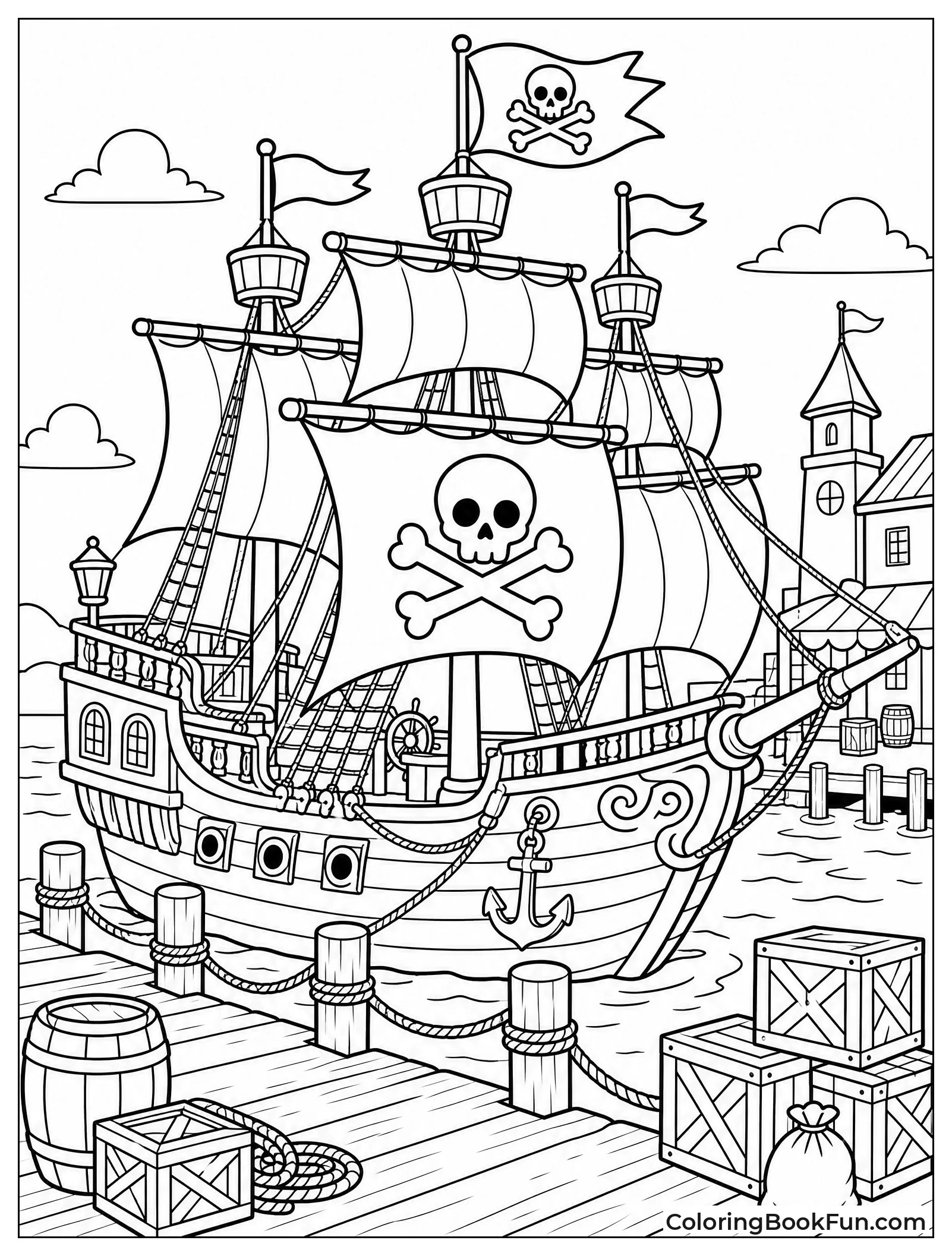 Ship Docked at Busy Harbor