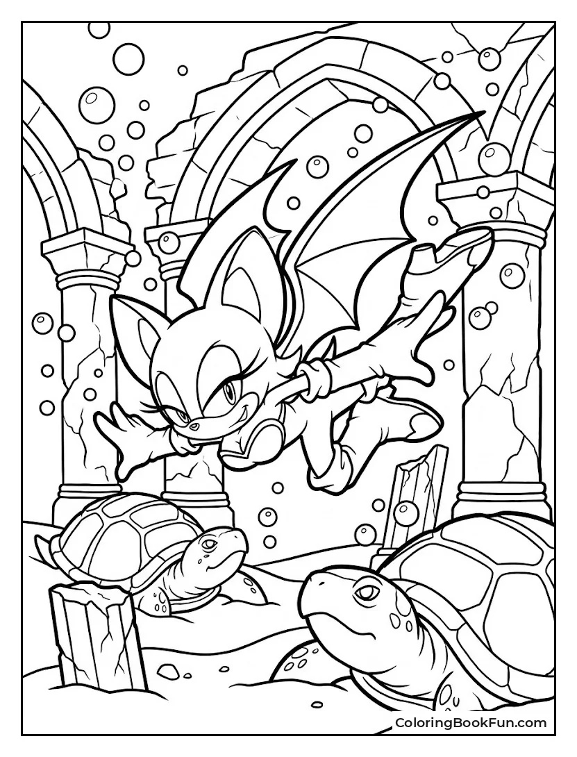 Rouge Swims Past Turtle Statues