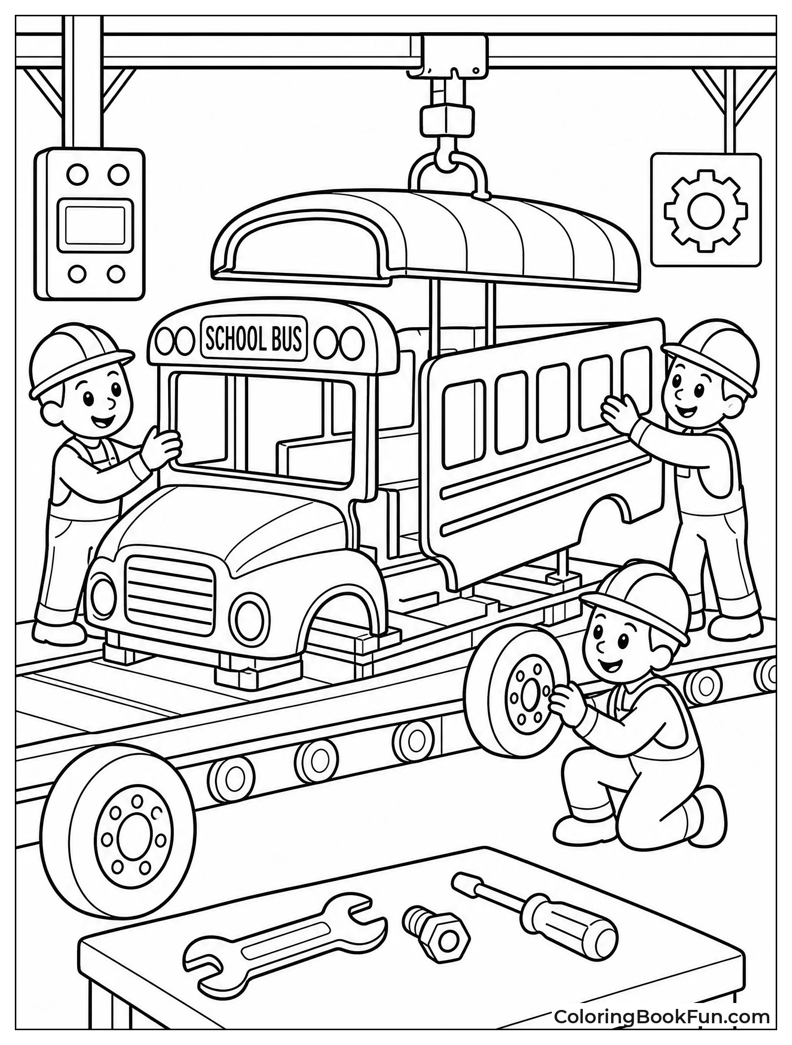 Workers Build Bus on Line