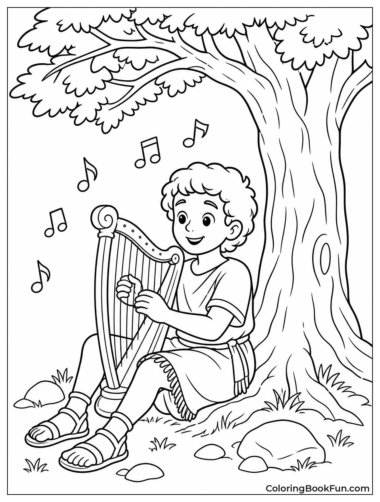 David Playing Harp under Tree