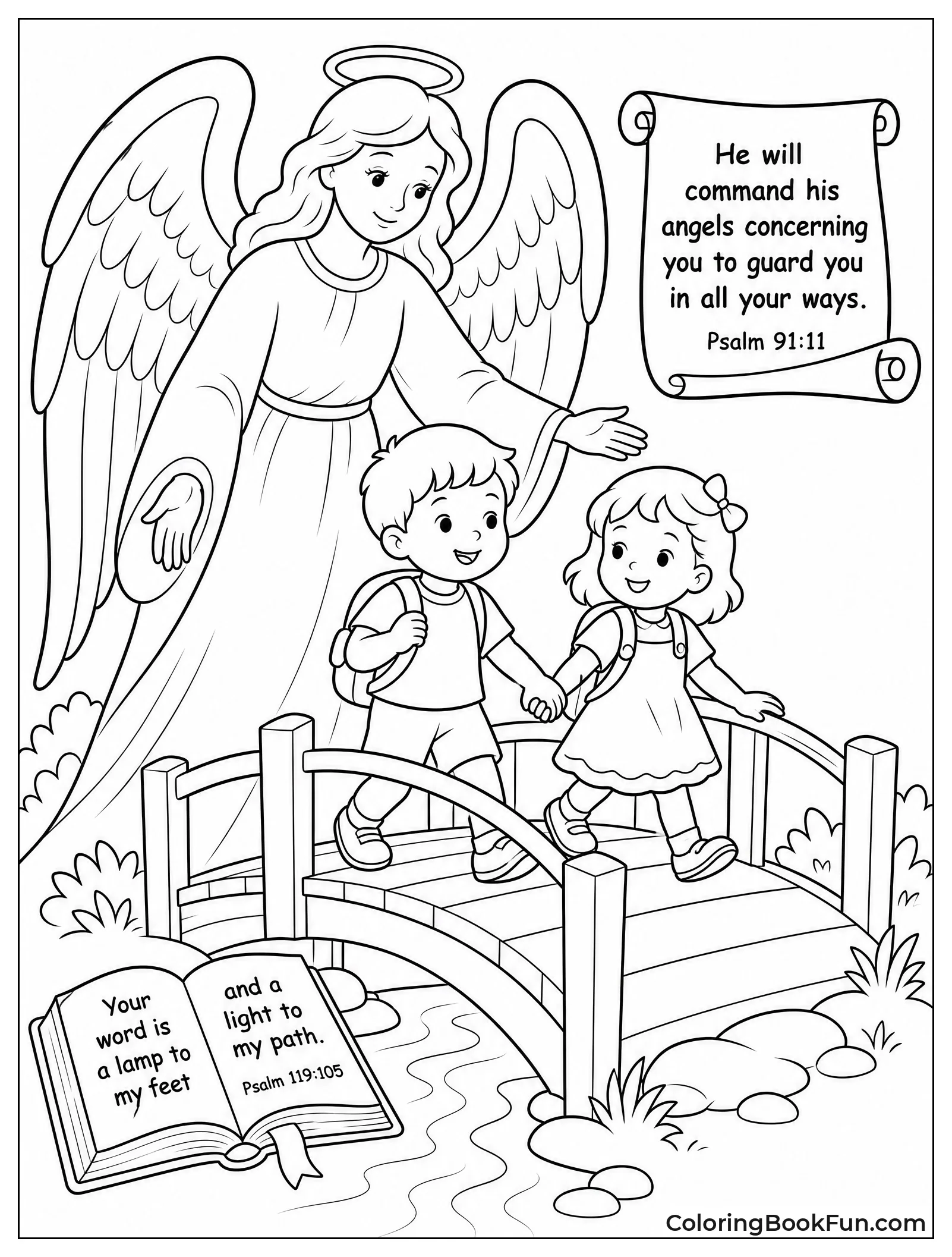 Angel Watching Children Cross Bridge