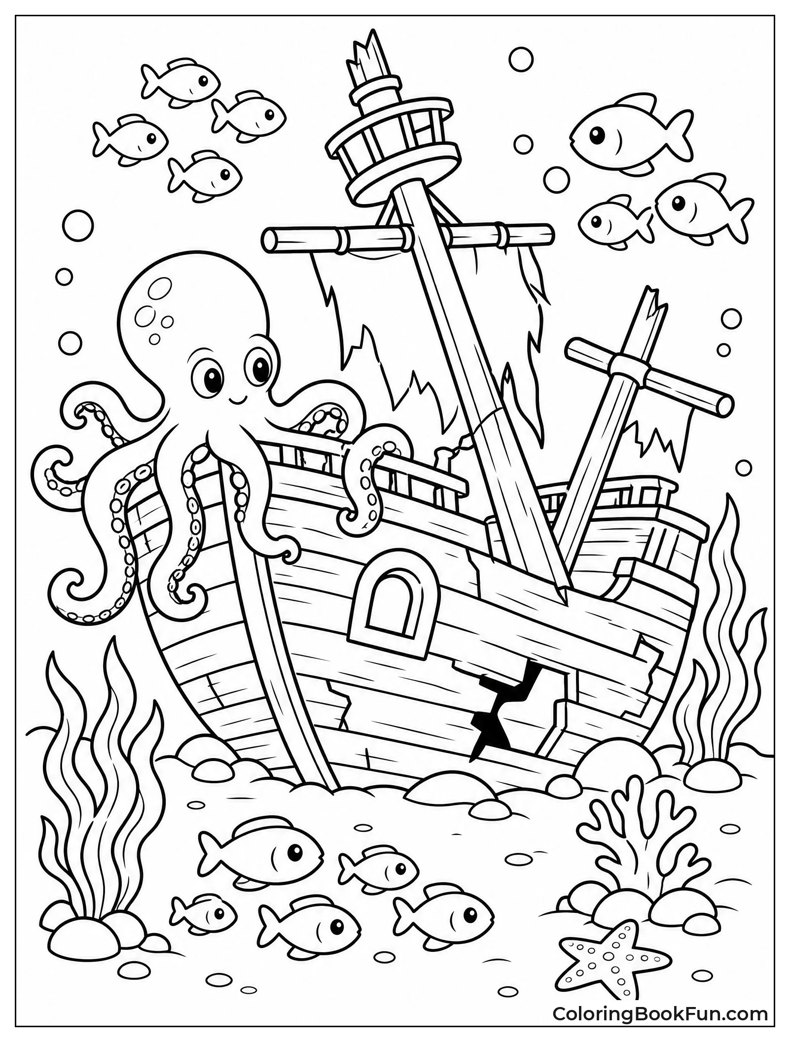 Octopus Exploring Sunken Shipwreck