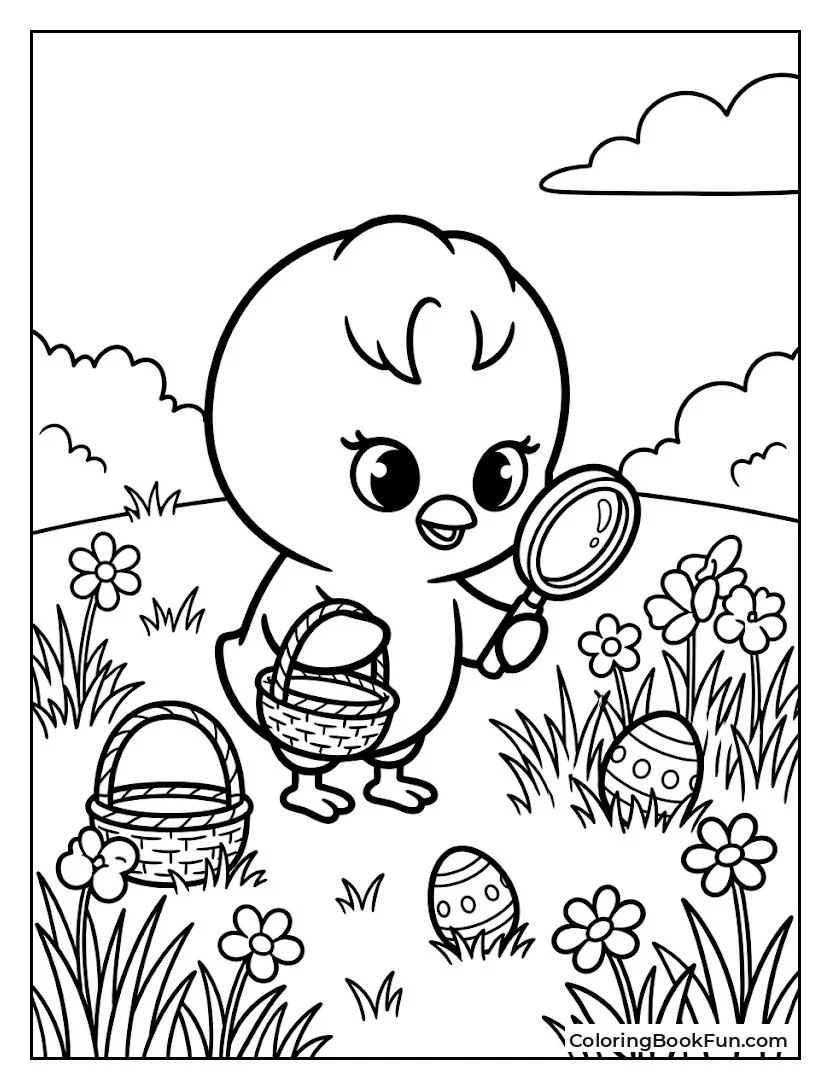 Chick Hunting Easter Eggs in Meadow