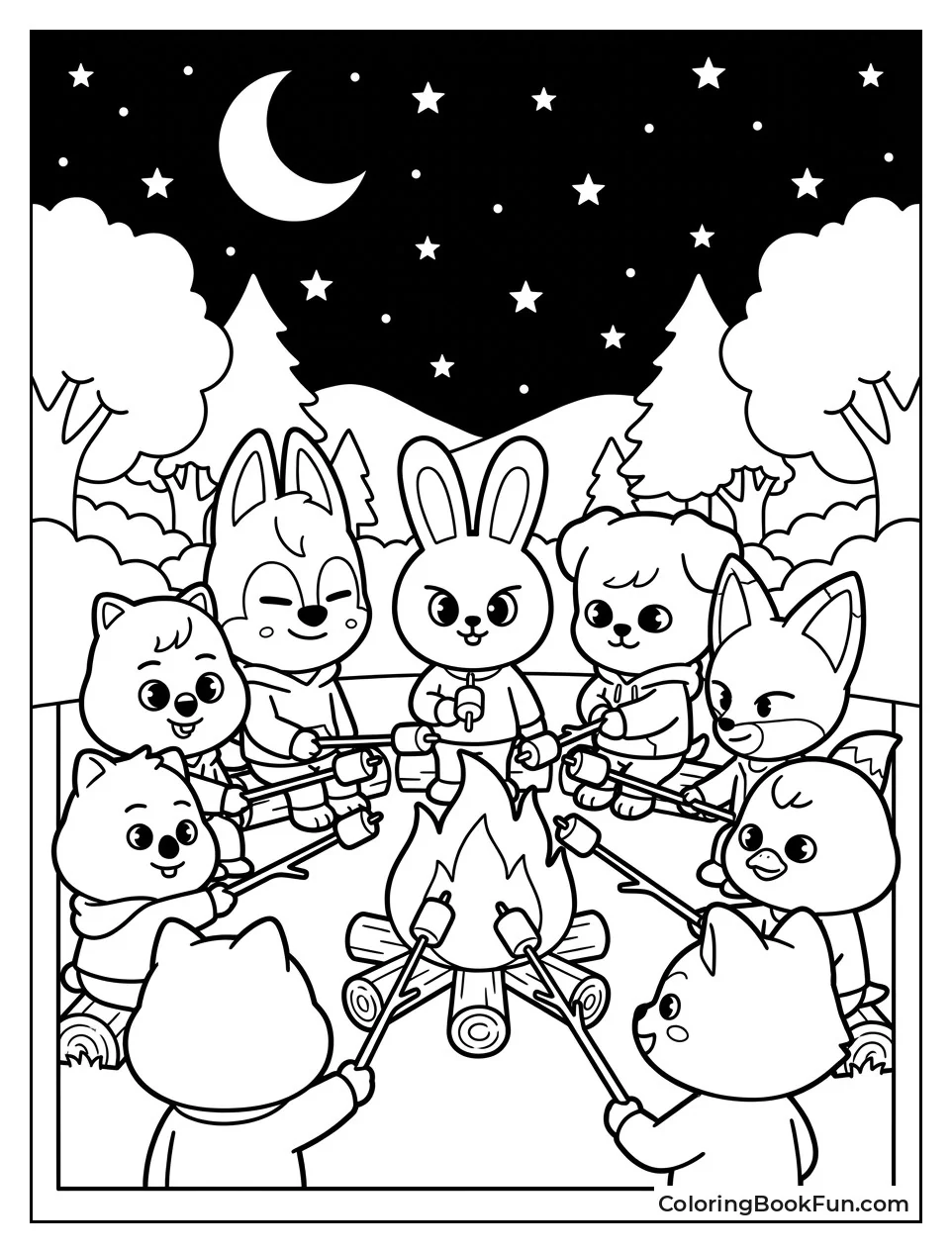Mascots Roasting Marshmallows at Campfire