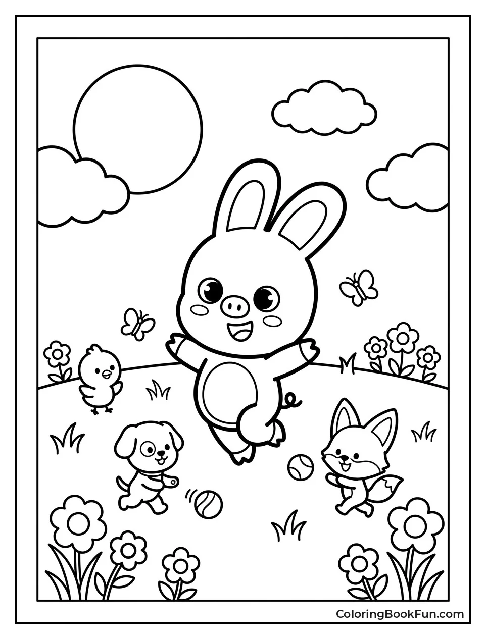 Pig Rabbit Playing with Friends in Meadow