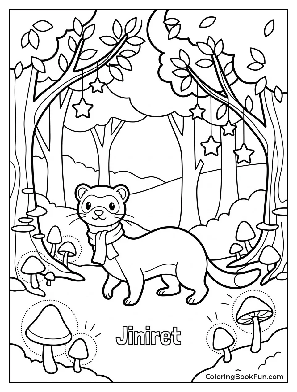 Ferret Exploring Magical Forest with Mushrooms