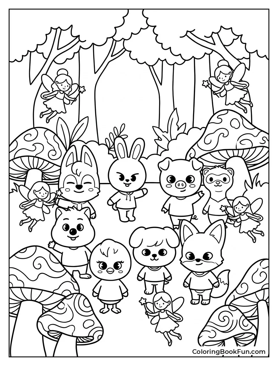 Mascots Exploring Forest with Glowing Mushrooms