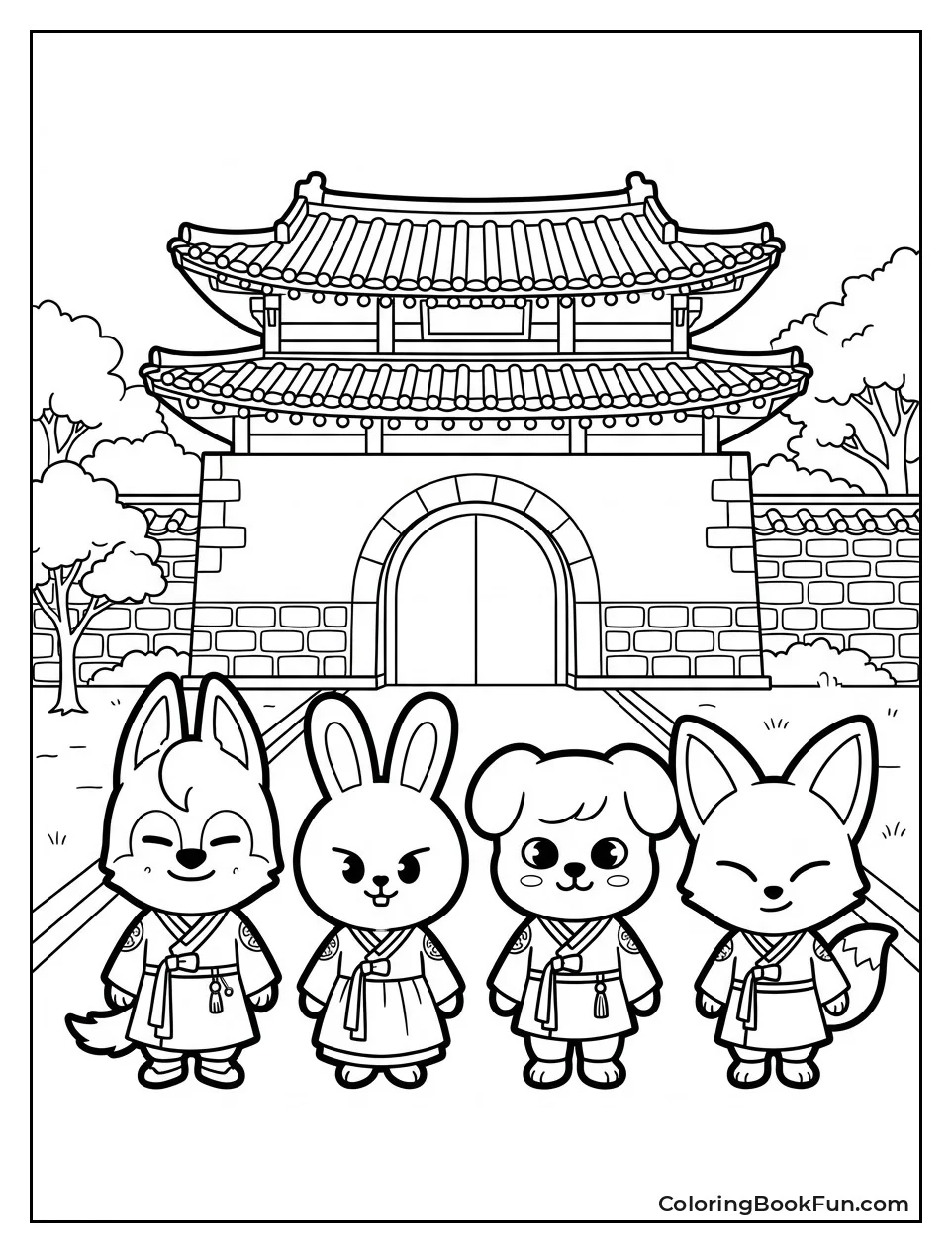 Mascots in Hanboks at Palace Gate
