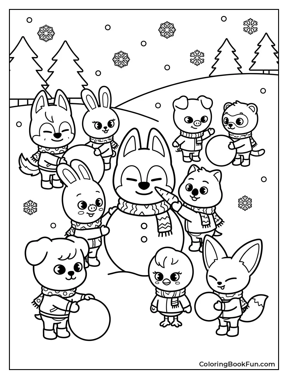 Group Playing in Snow with Snow Mascot