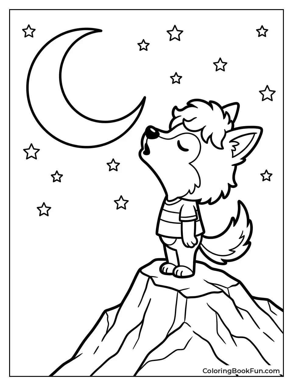 Wolf Howling at Crescent Moon on Mountain