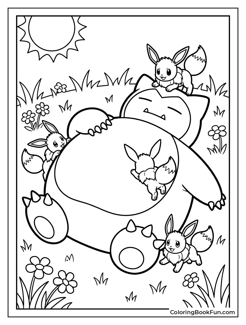 Eevees Play on Snorlax's Back