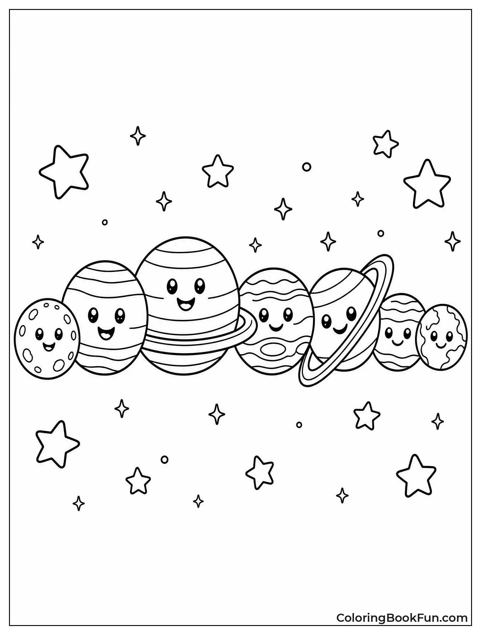 Row of Smiling Cartoon Planets