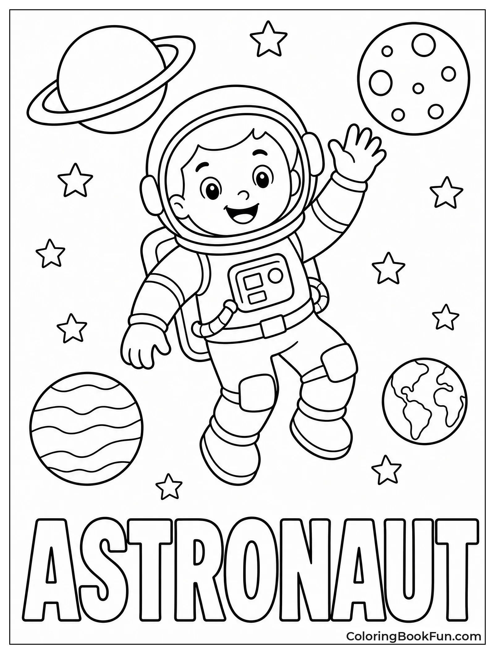 Astronaut Waving Among Stars and Planets