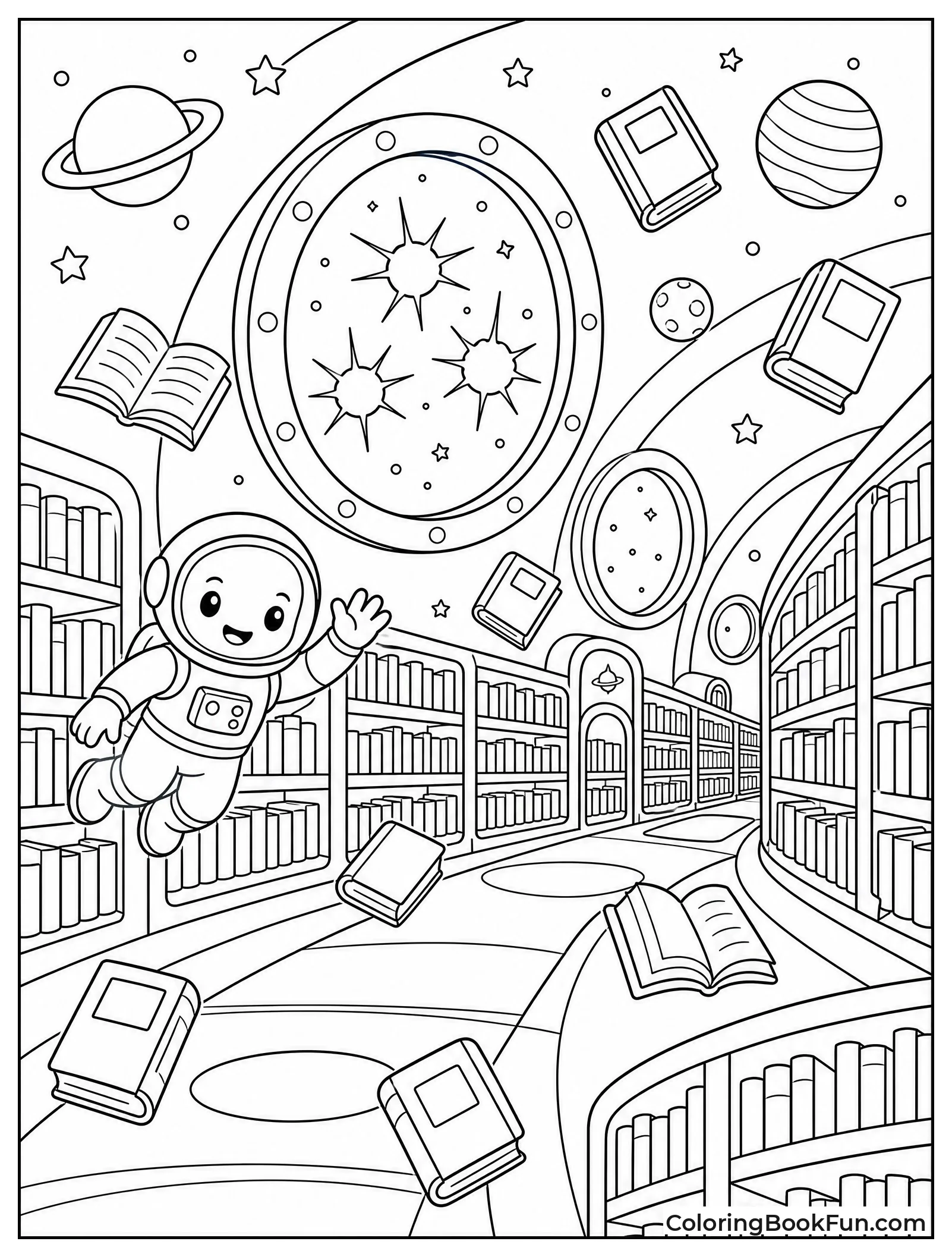 Library with Floating Books in Space