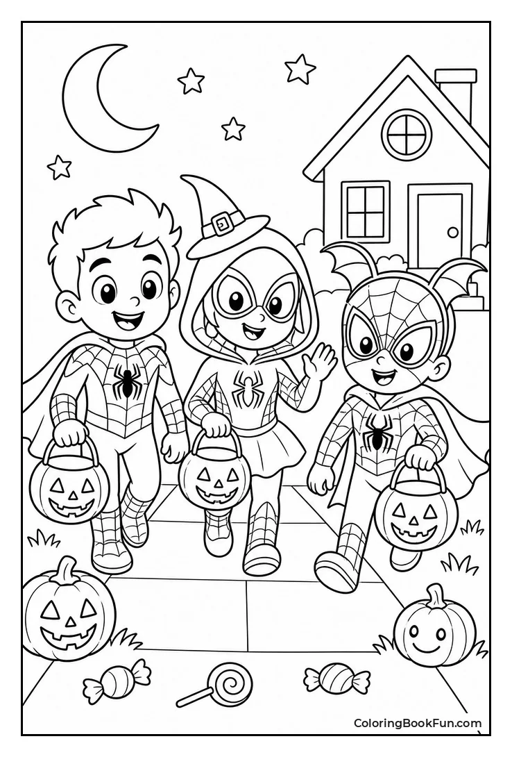 Friends Trick or Treat in Costumes