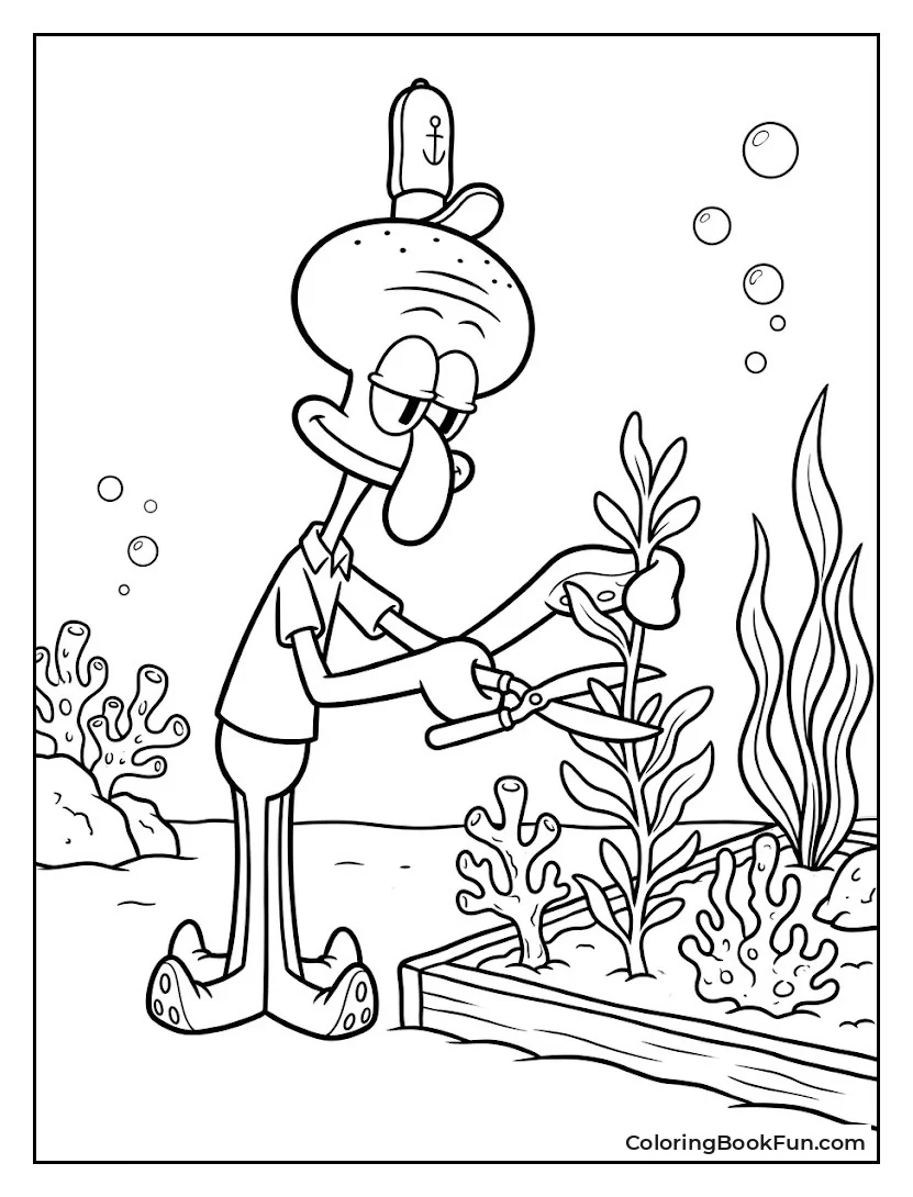 Squidward Pruning His Sea Garden