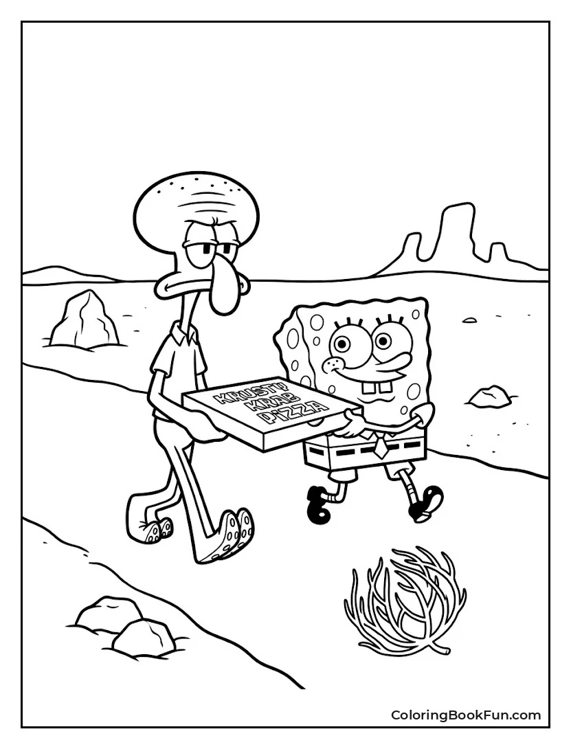 Squidward Delivering Pizza with SpongeBob