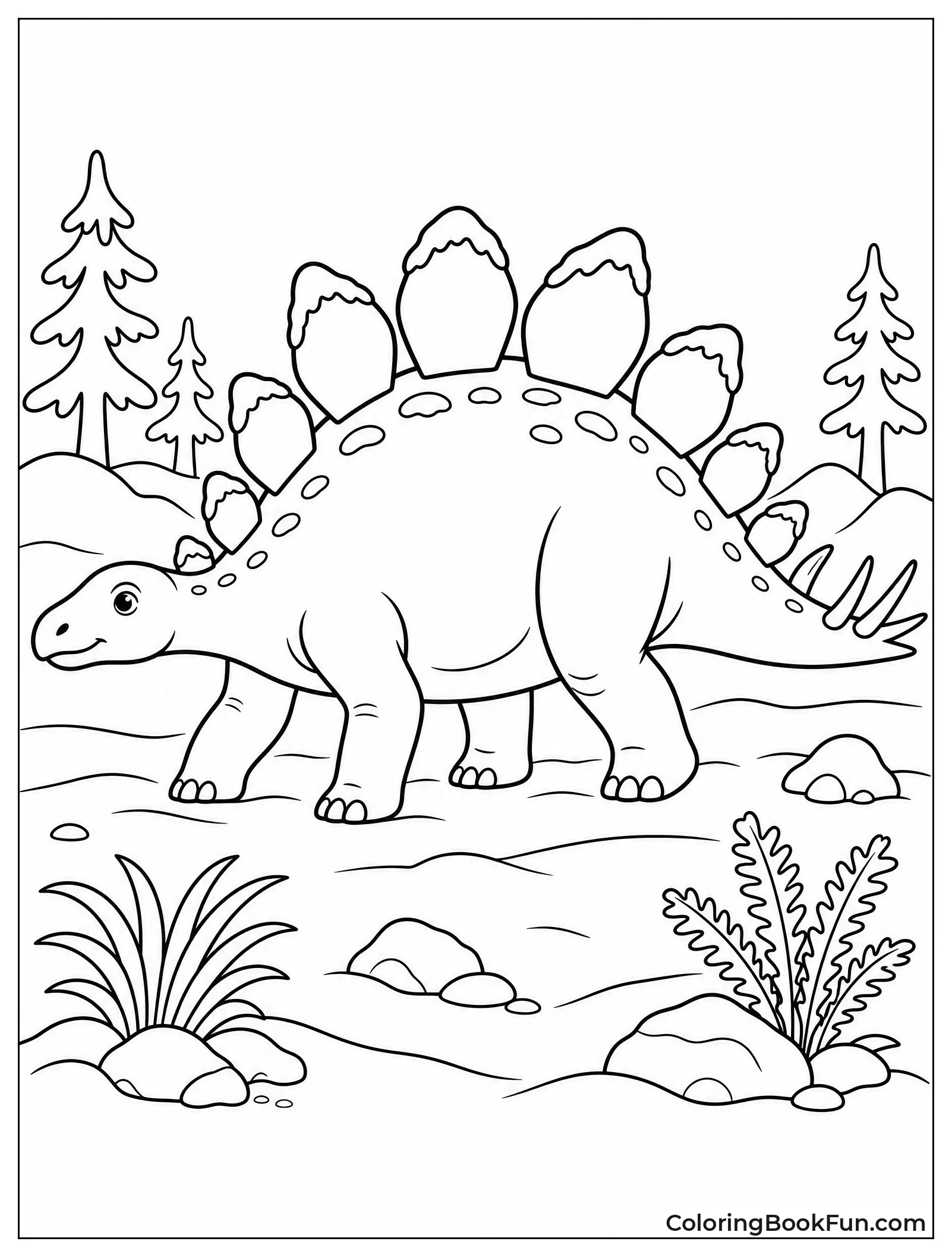 Stegosaurus Walking Through Snowy Ground