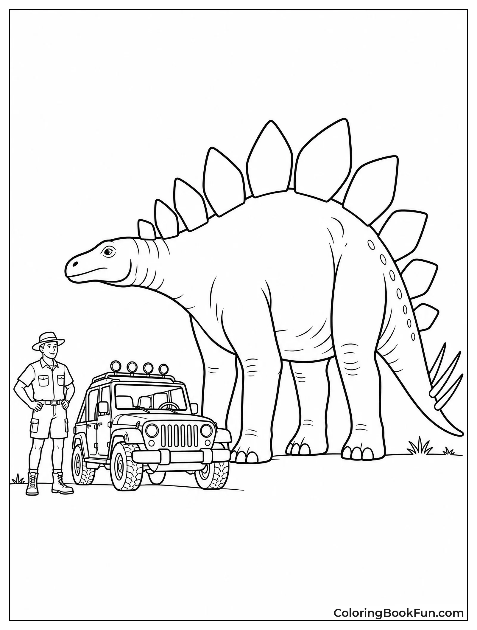 Stegosaurus Next to Jeep and Person