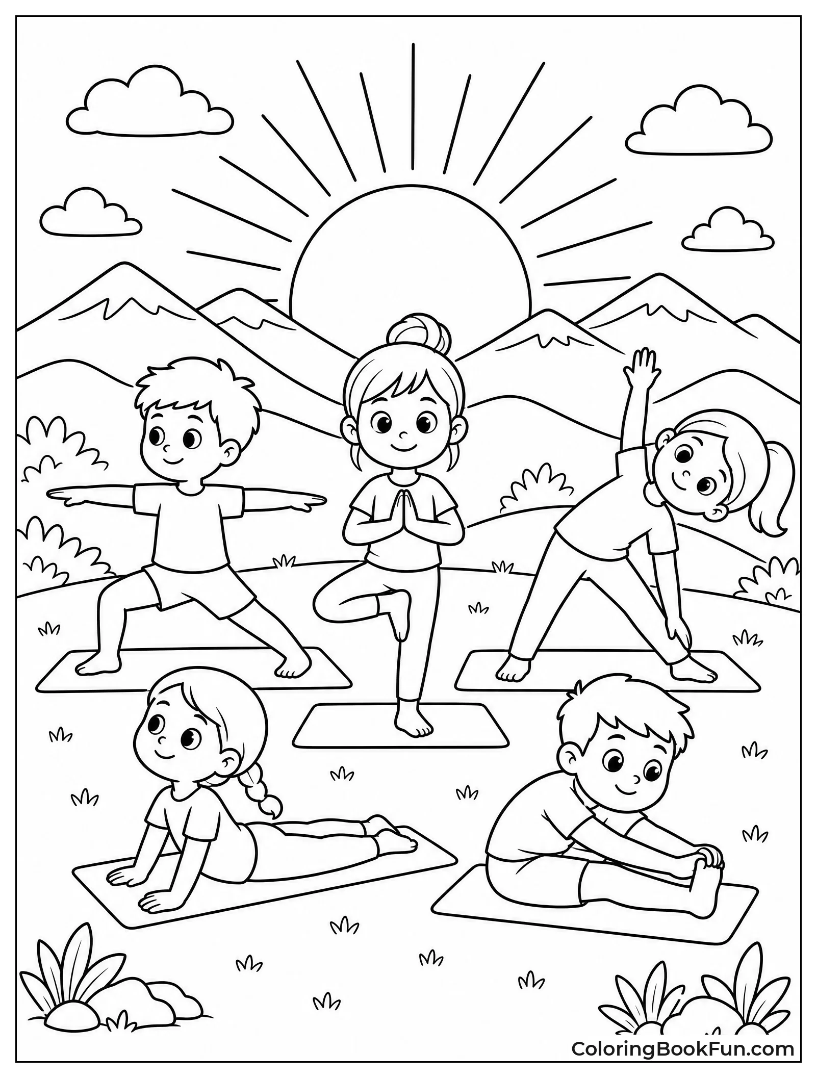 Kids Stretching at Mountain Sunrise