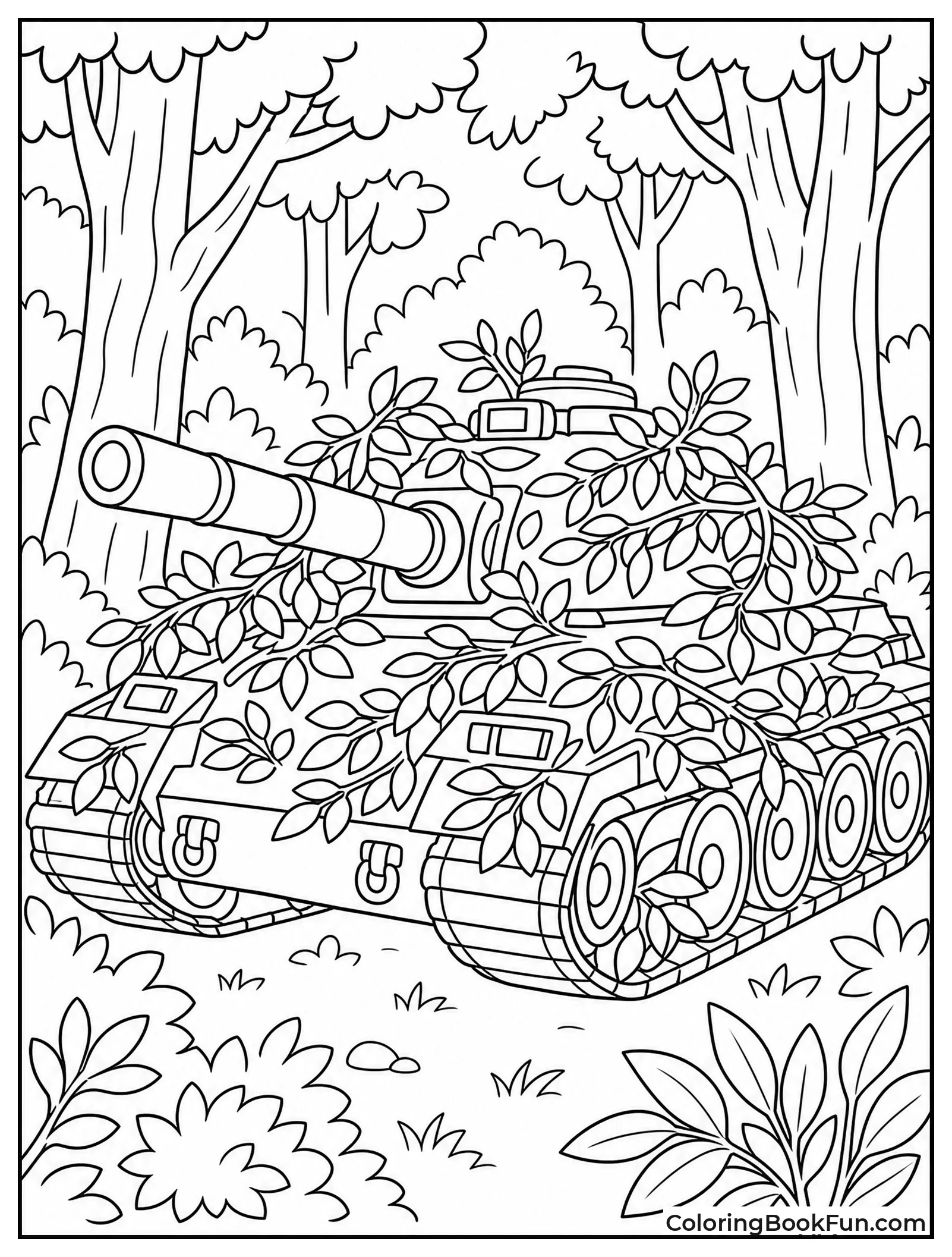Camouflaged Tank Hidden in Forest