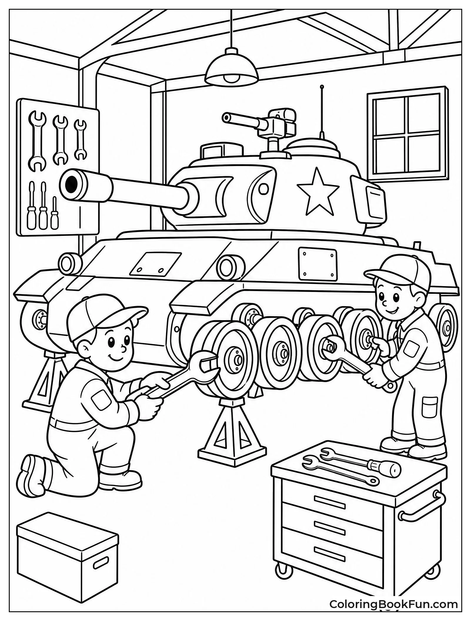 Mechanics Fixing Tank in Shop