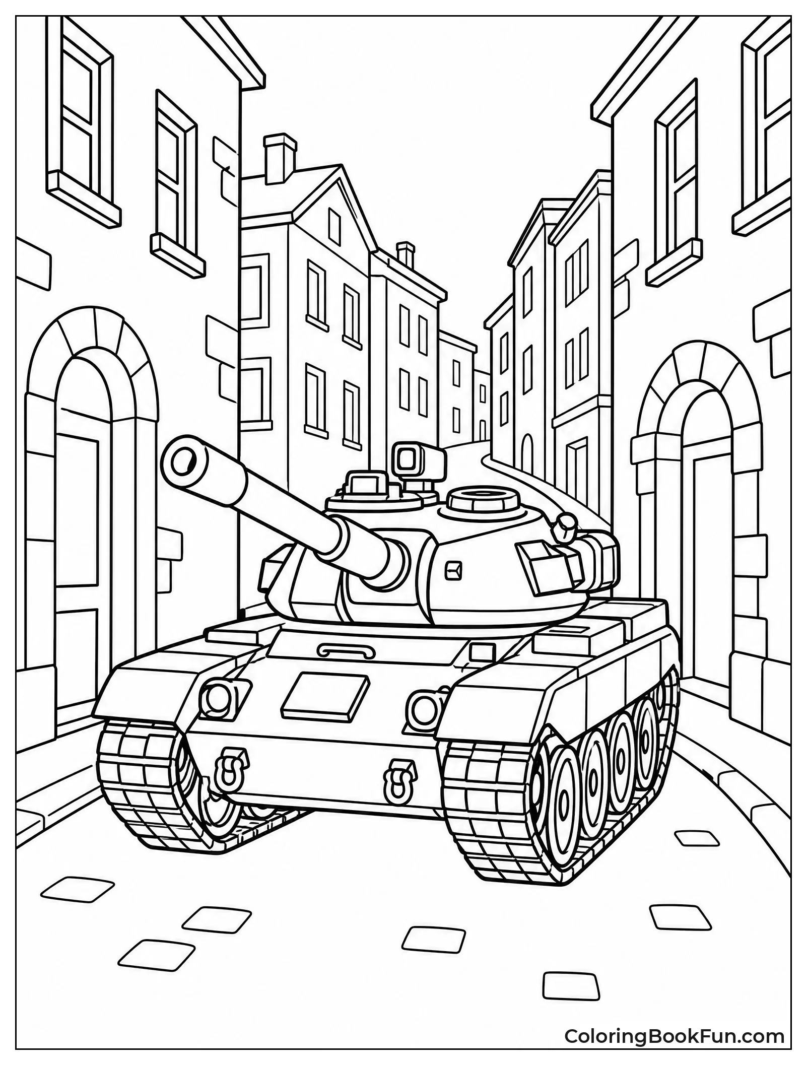 Tank Moving Through City Street
