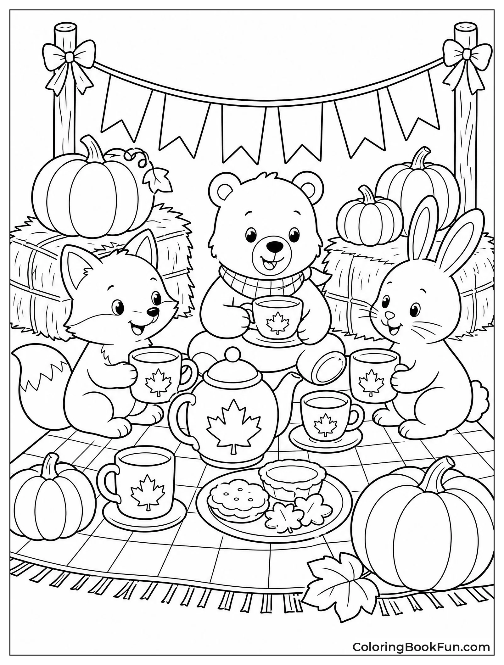 Autumn Tea with Pumpkins and Leaves