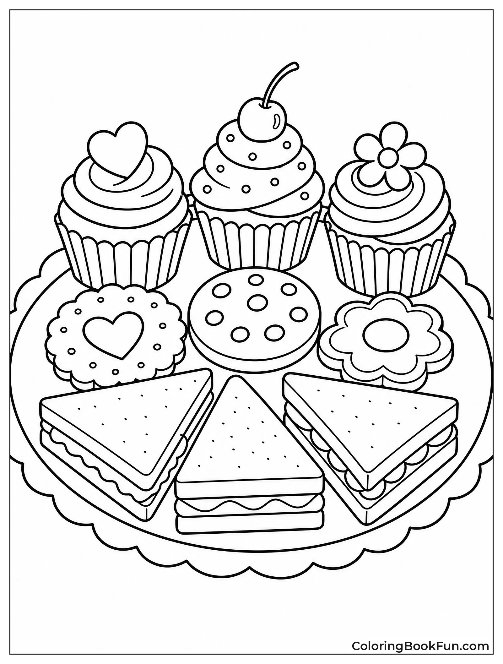 Plate of Cupcakes Cookies and Sandwiches