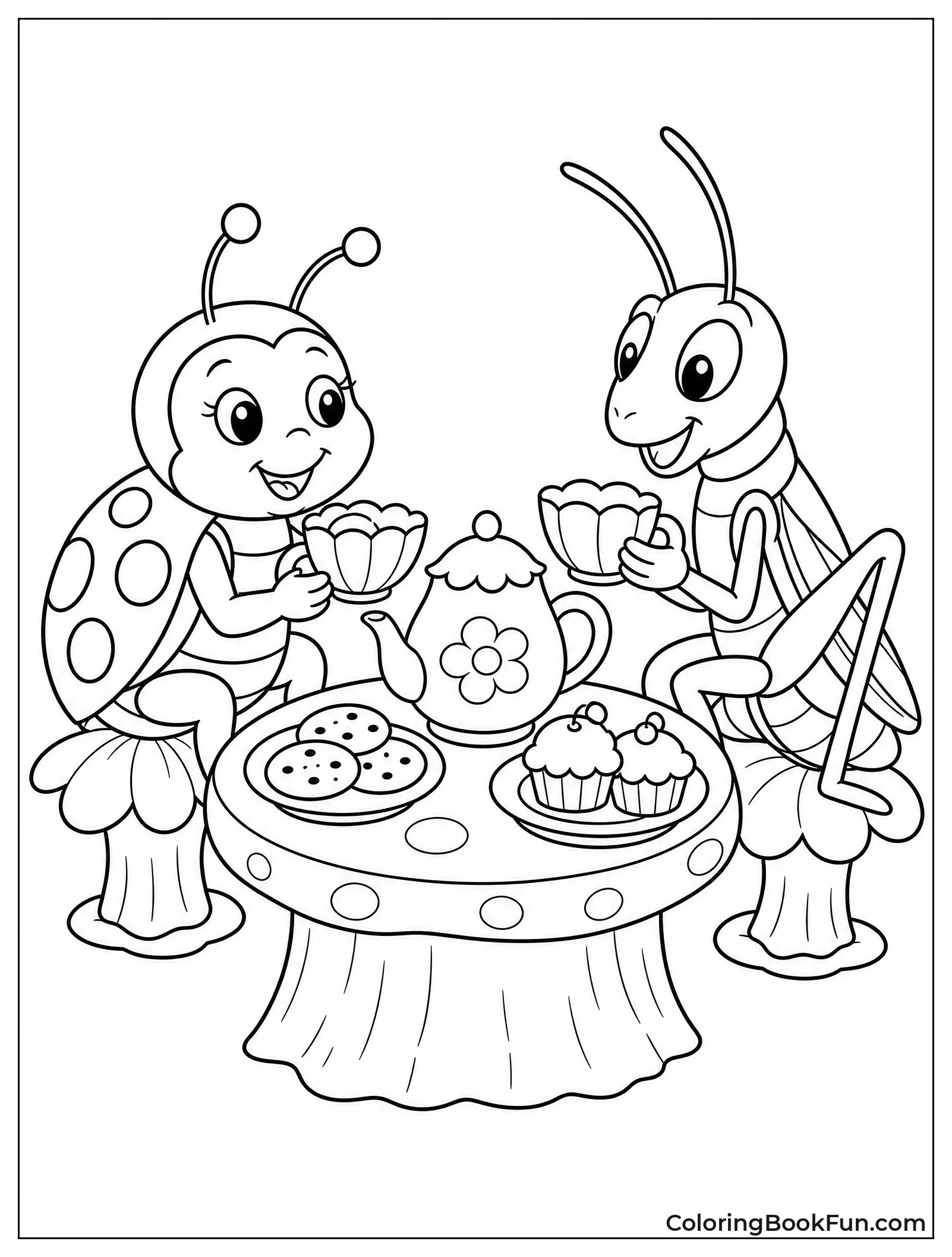 Bugs Share Tea in Flower Cups