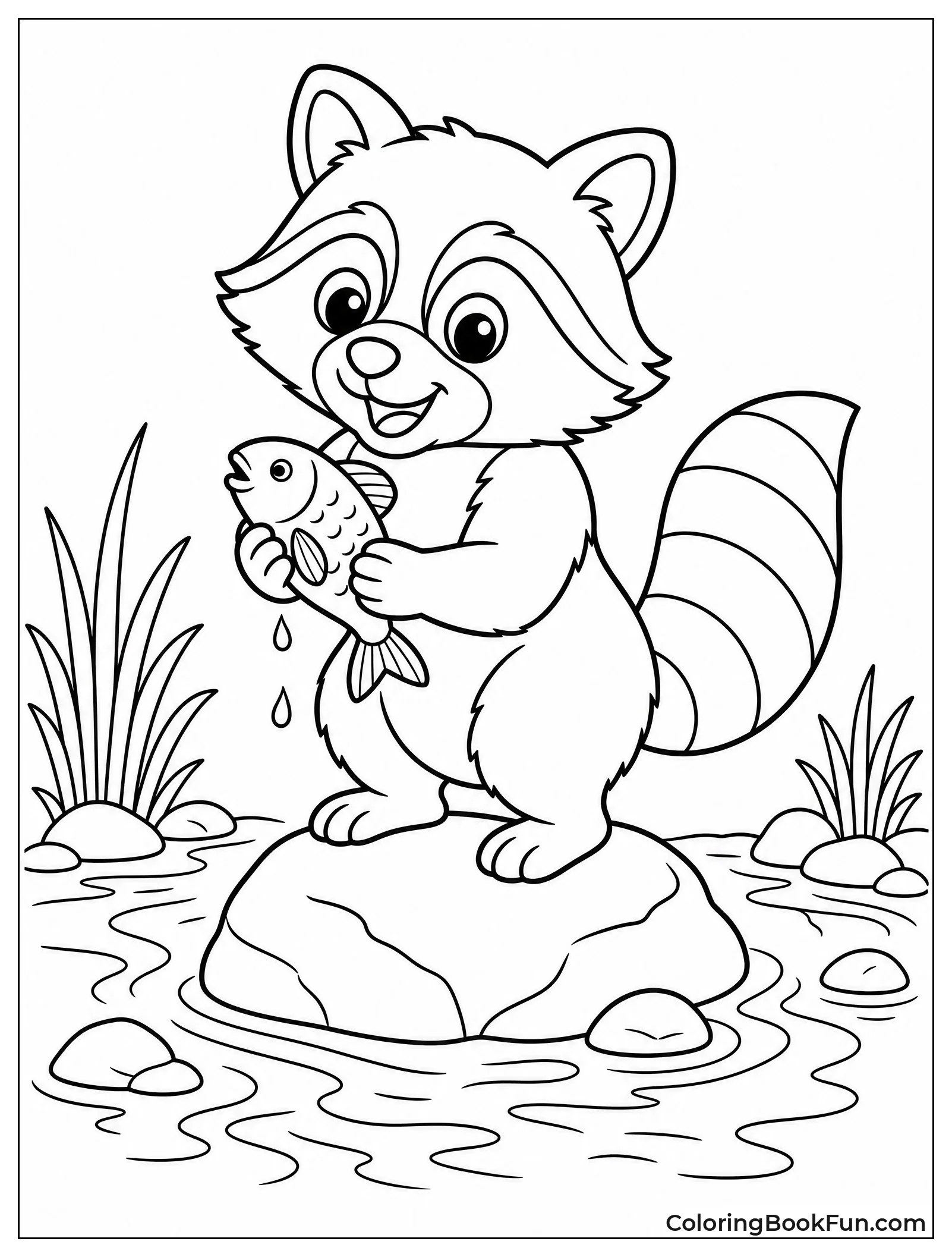 Raccoon Catching a Fish