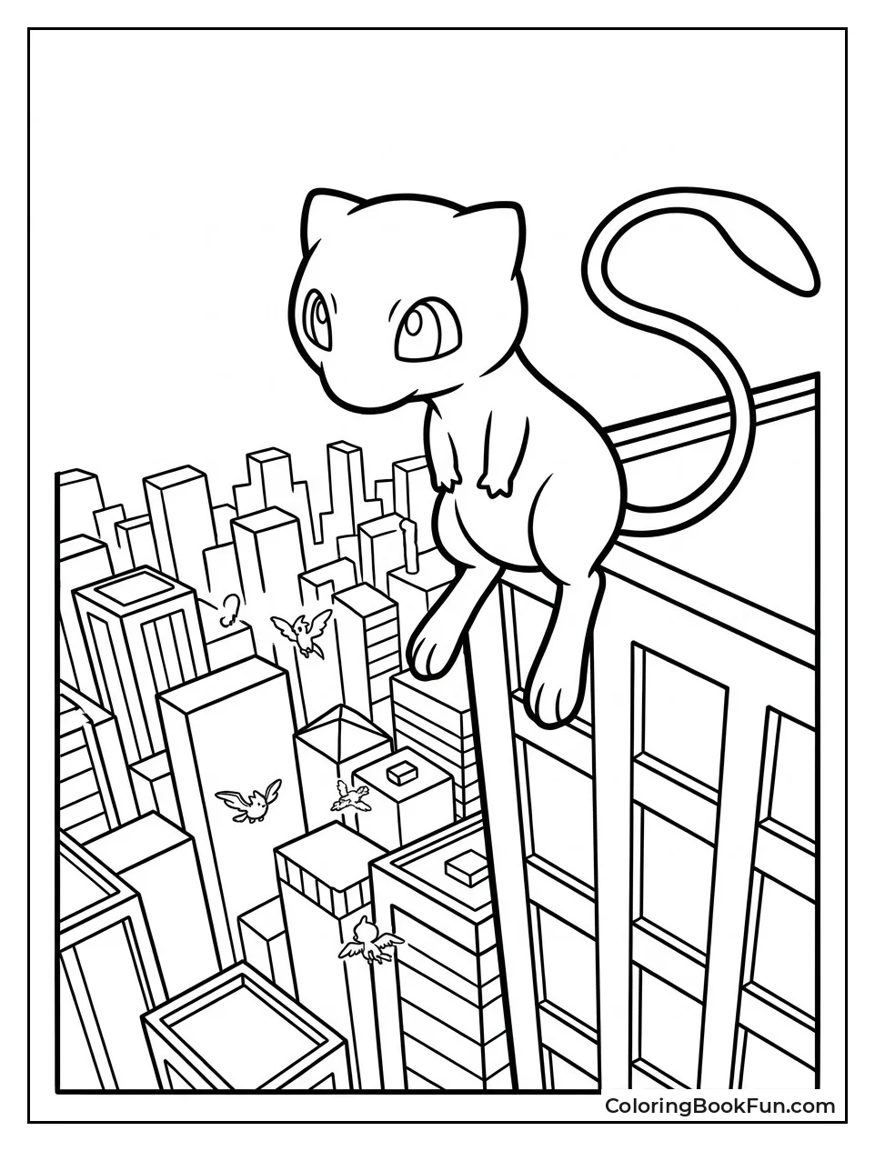 Mew Sitting above Busy City