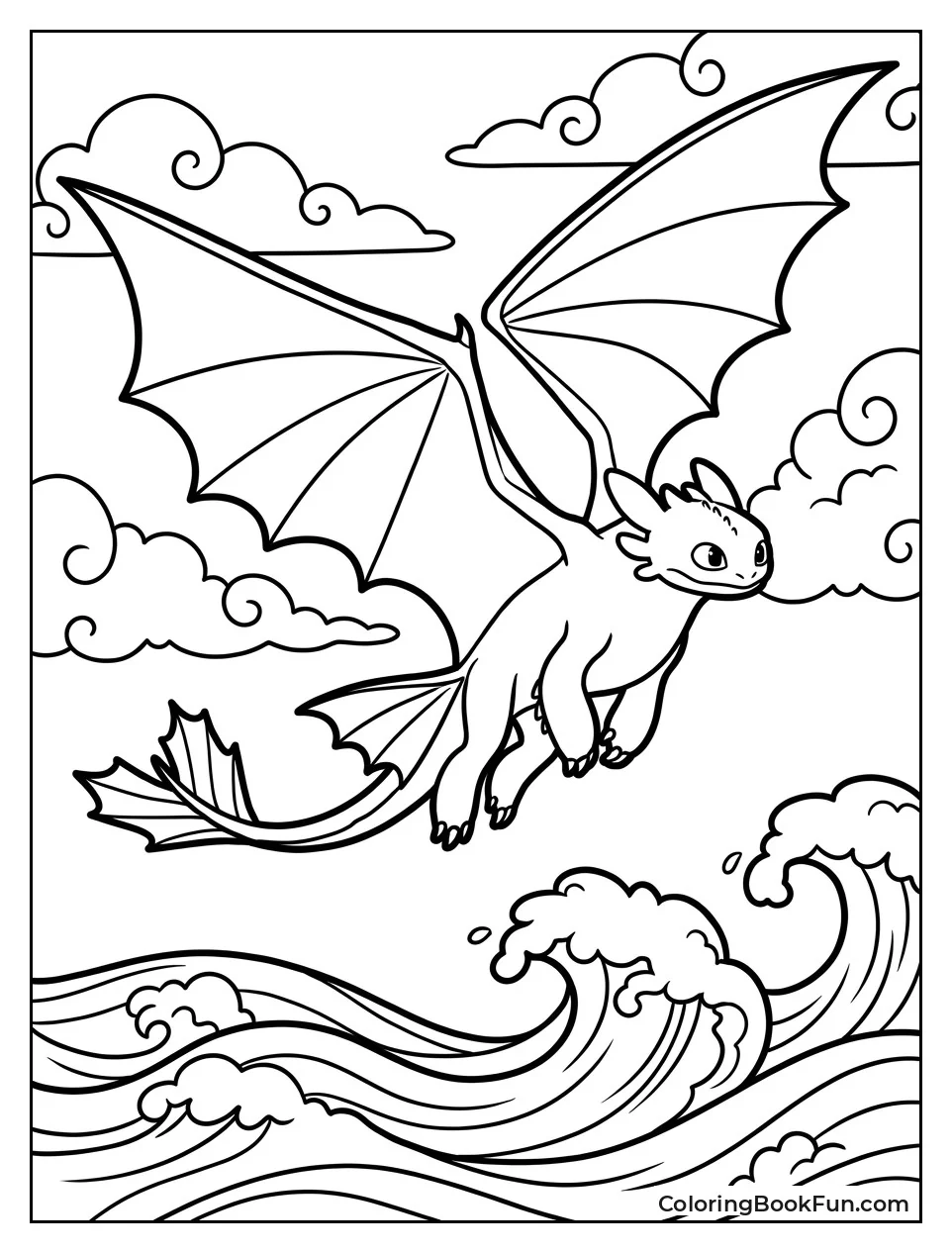 Toothless Flying over Ocean Waves