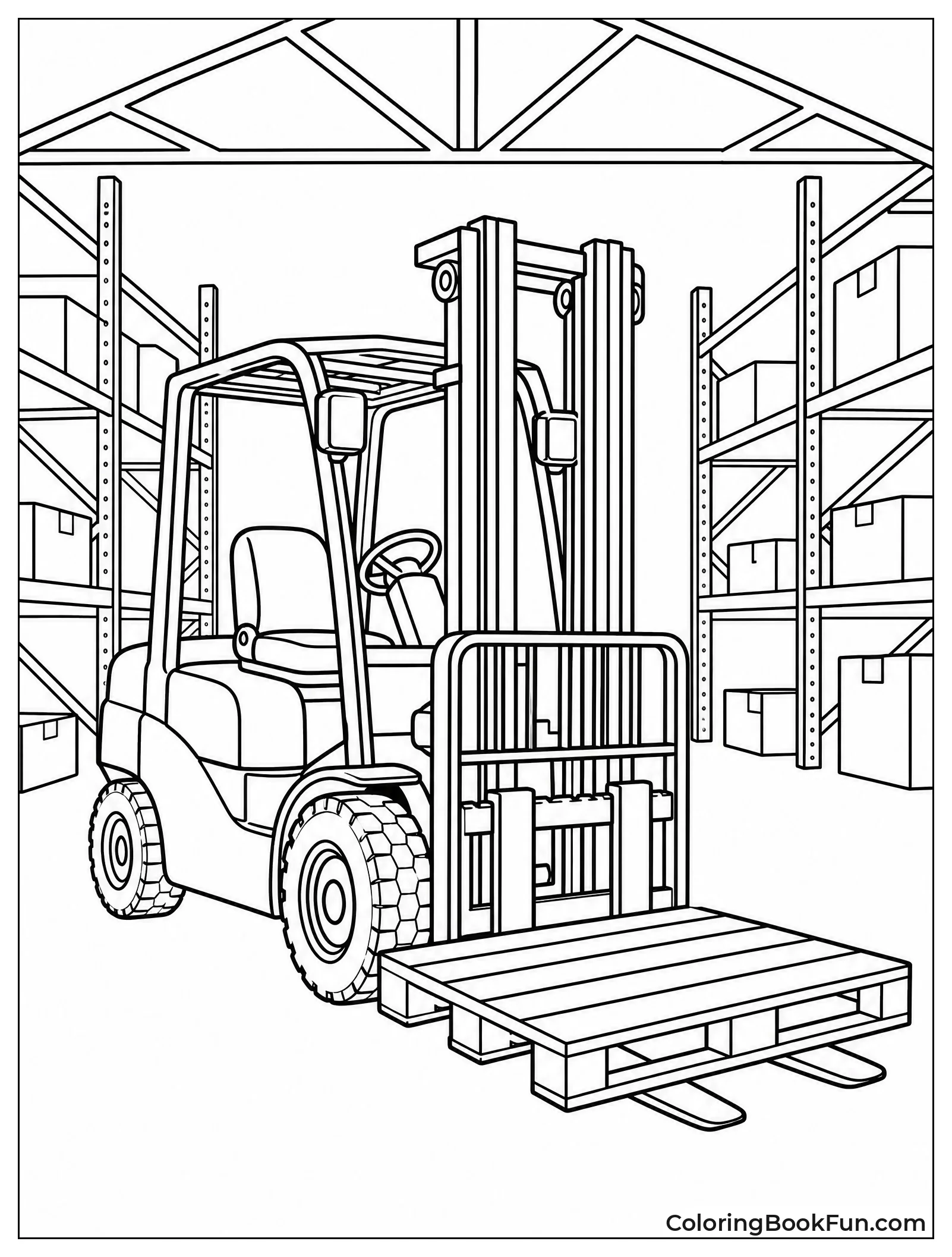 Forklift Carrying Pallet in Warehouse