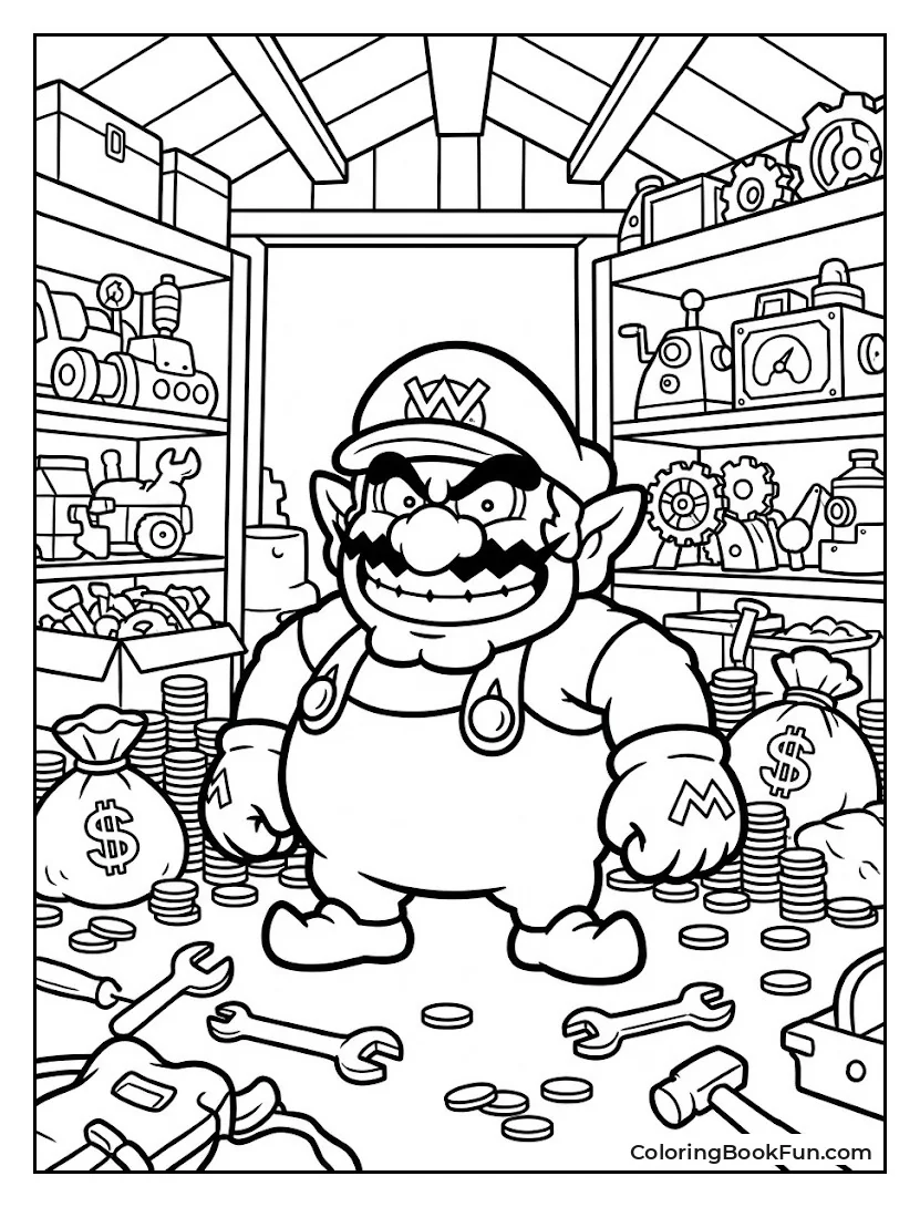 Wario Stands in His Messy Warehouse